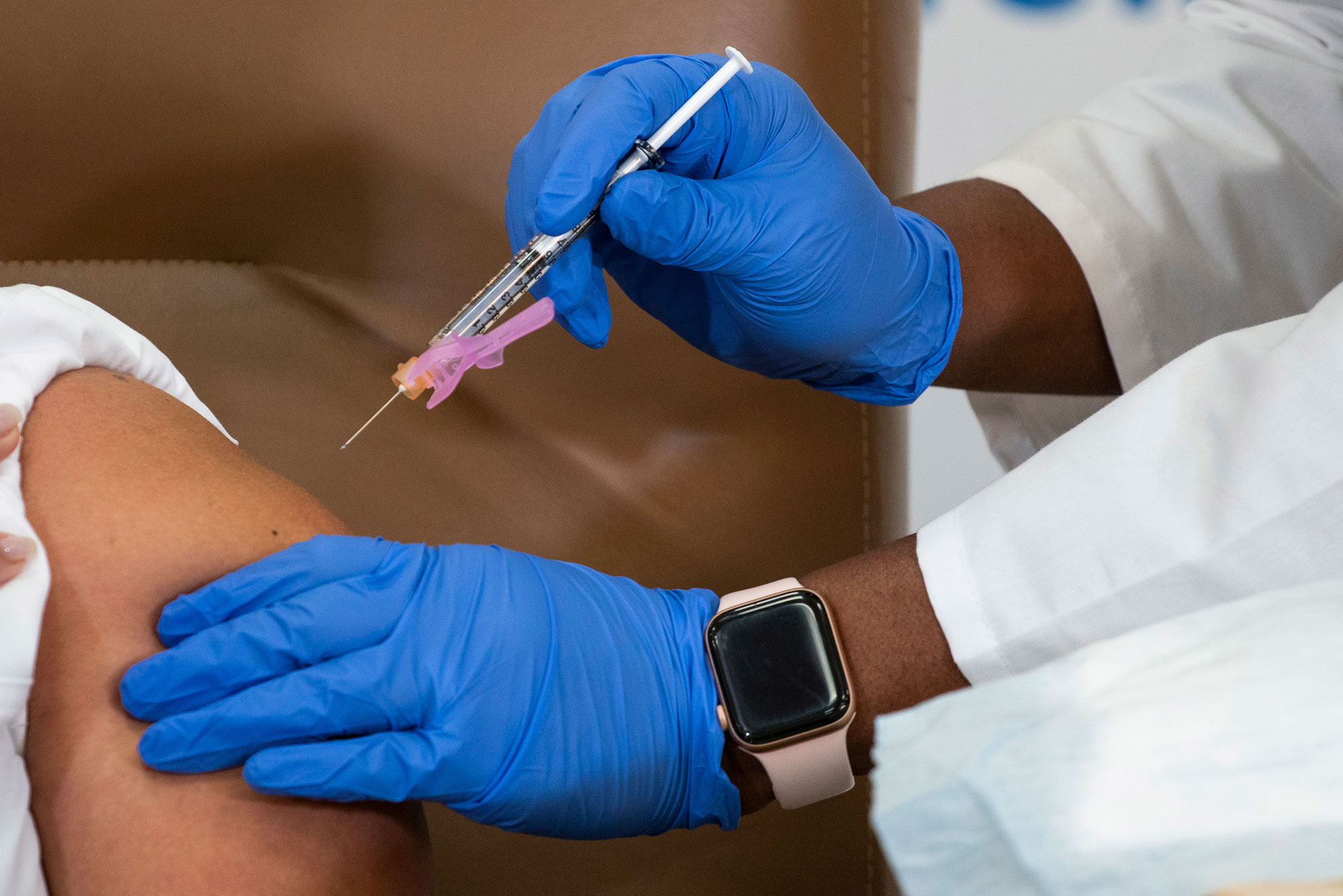 A dose of the Moderna COVID-19 vaccine is administered at Northwell Health's Long Island Jewish Valley Stream hospital in New York City on December 21.
