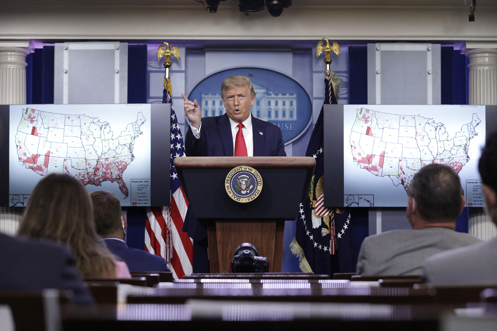 President Donald Trump speaks at a news conference at the White House in Washington, DC on July 23.