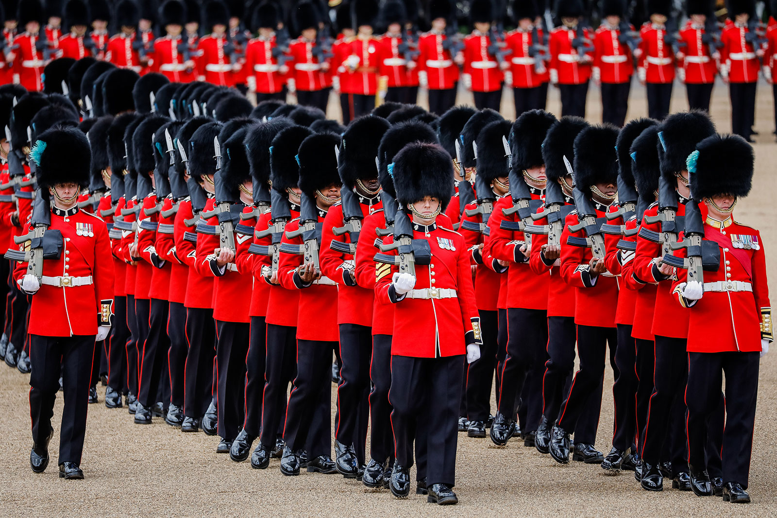 Soldiers on parade during The Colonel's Review at Horse Guards Parade on May 28 in London. The Colonel's Review is the final evaluation of the Trooping the Colour parade before the event which will take place on Thursday, June 2, in celebration of Queen Elizabeth II's Platinum Jubilee. 