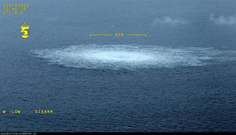 Gas leak in the Baltic Sea from Nord Stream photographed from the Swedish Coast Guard's aircraft on September 27.
