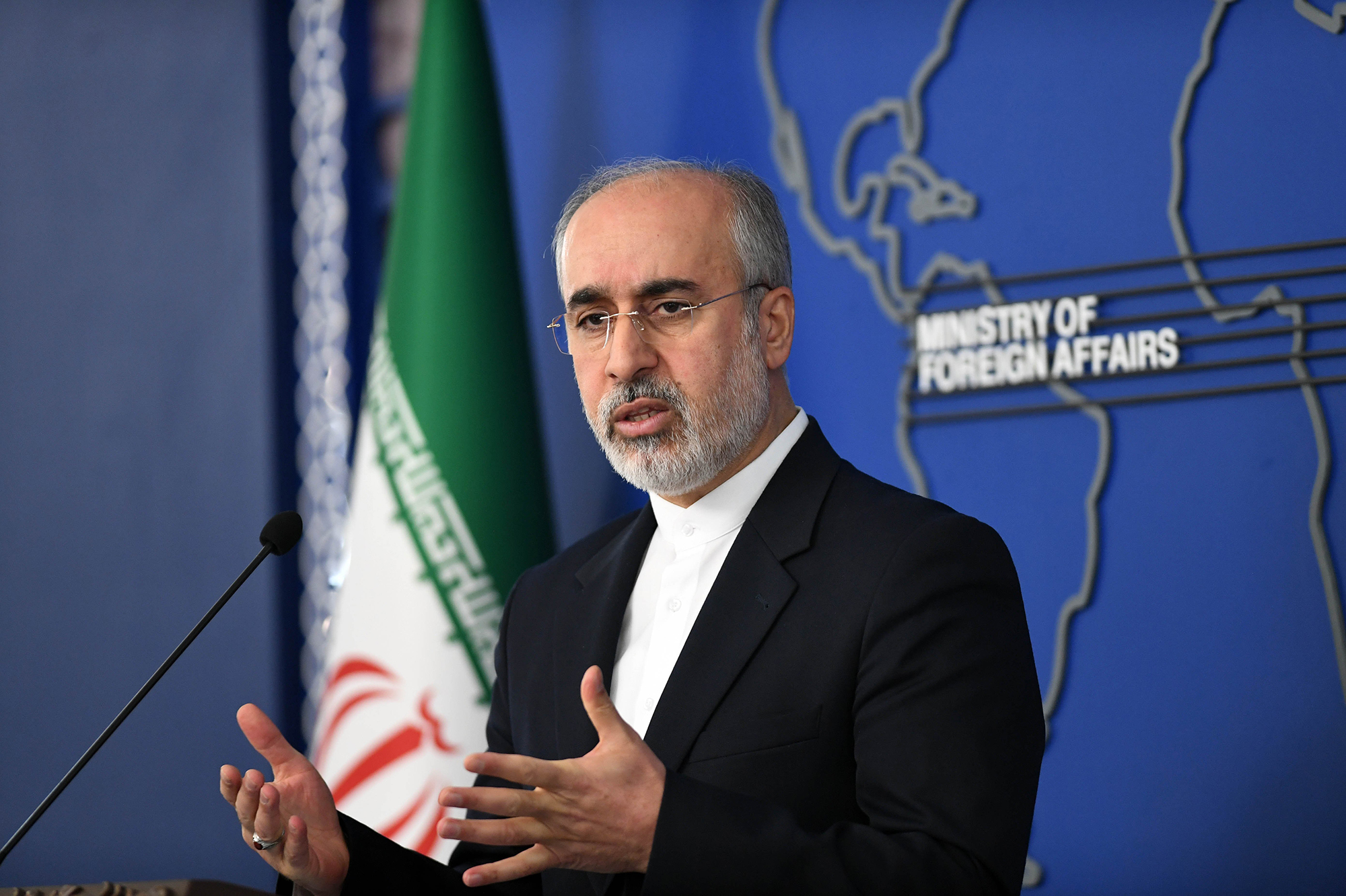 Iranian Foreign Ministry spokesman Nasser Kanaani speaks at a press conference in Tehran, Iran, on January 8.