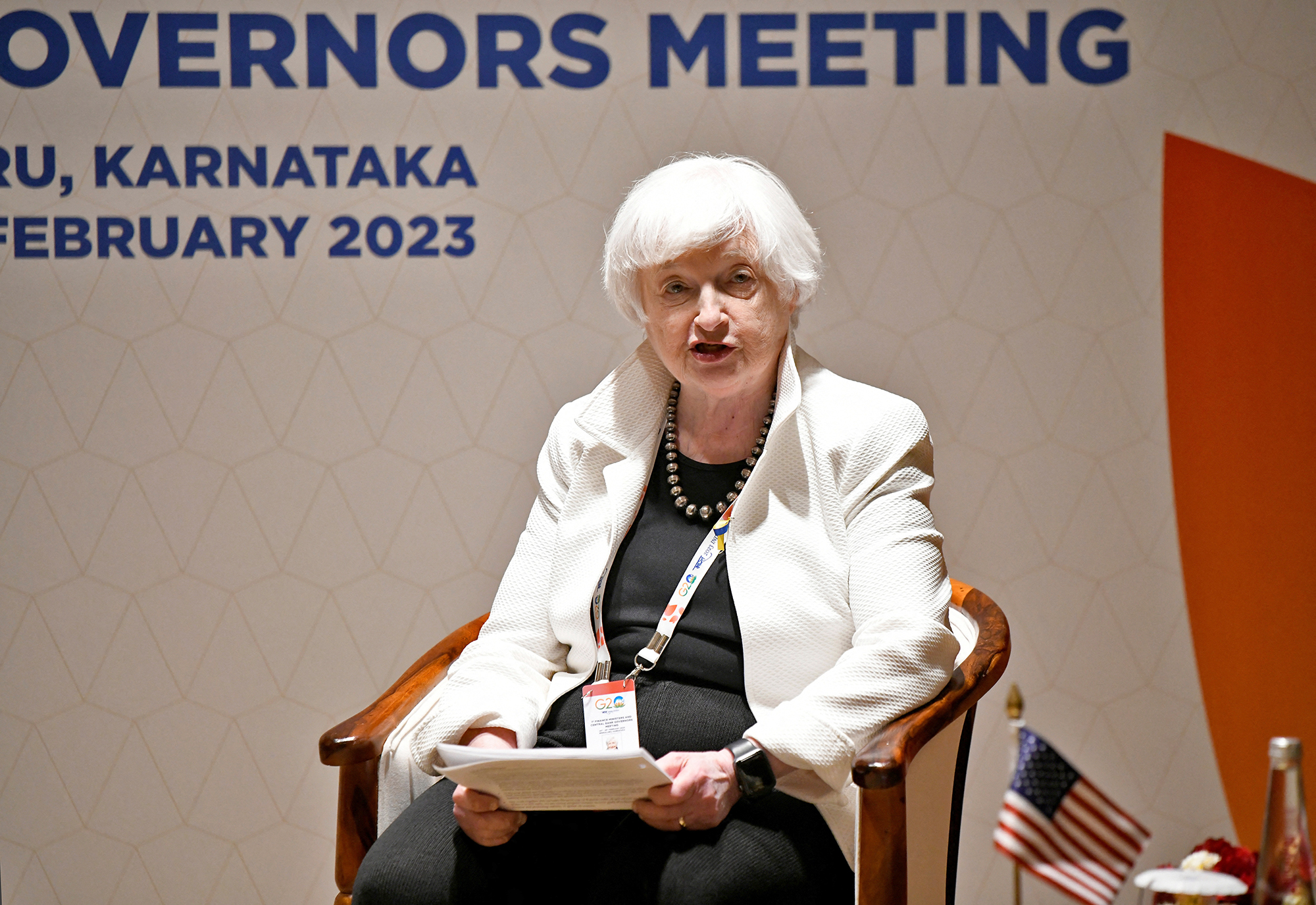 U.S. Treasury Secretary Janet Yellen speaks during her bilateral meeting with British Chancellor of the Exchequer Jeremy Hunt on the sidelines of G20 finance ministers' meeting on the outskirts of Bengaluru, India, on February 24.