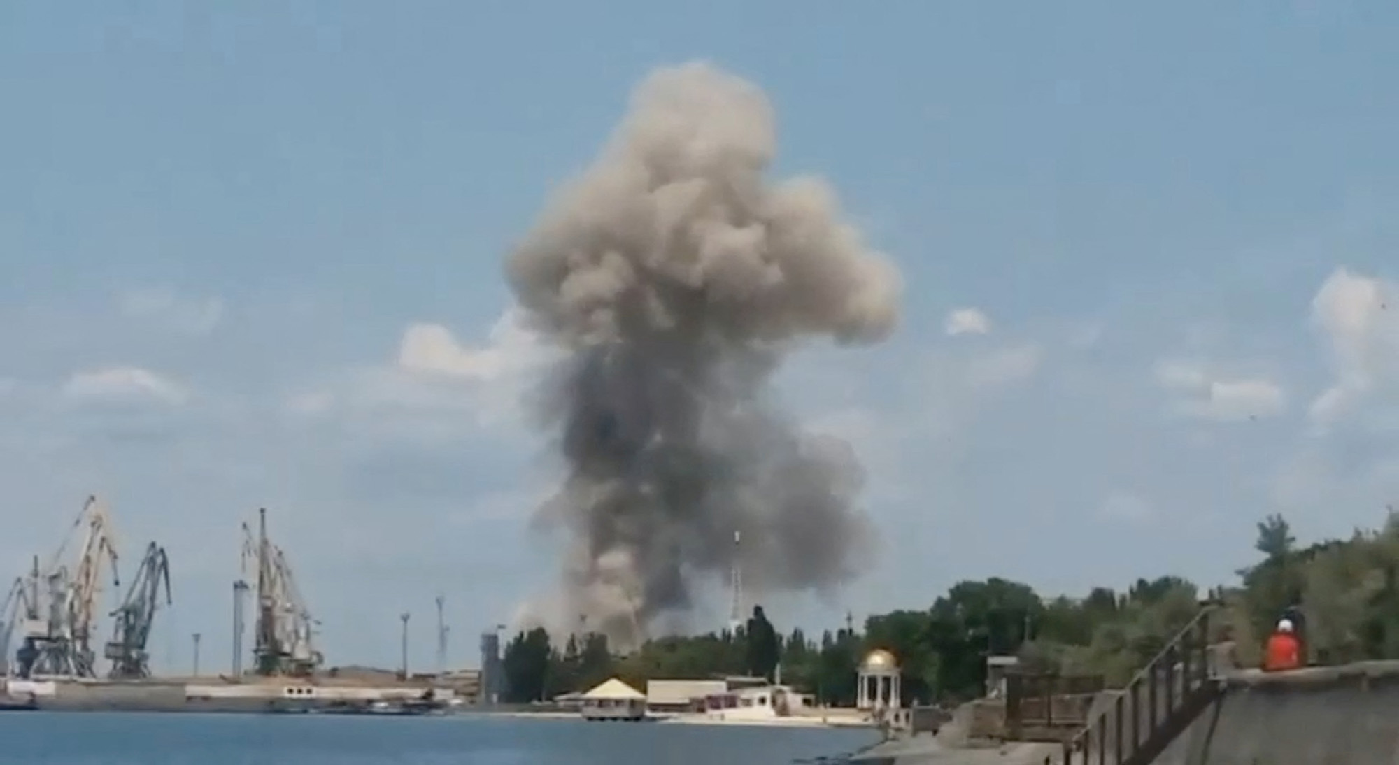 A view of an explosion in Berdiansk in Russian-controlled Ukraine released on June 2.