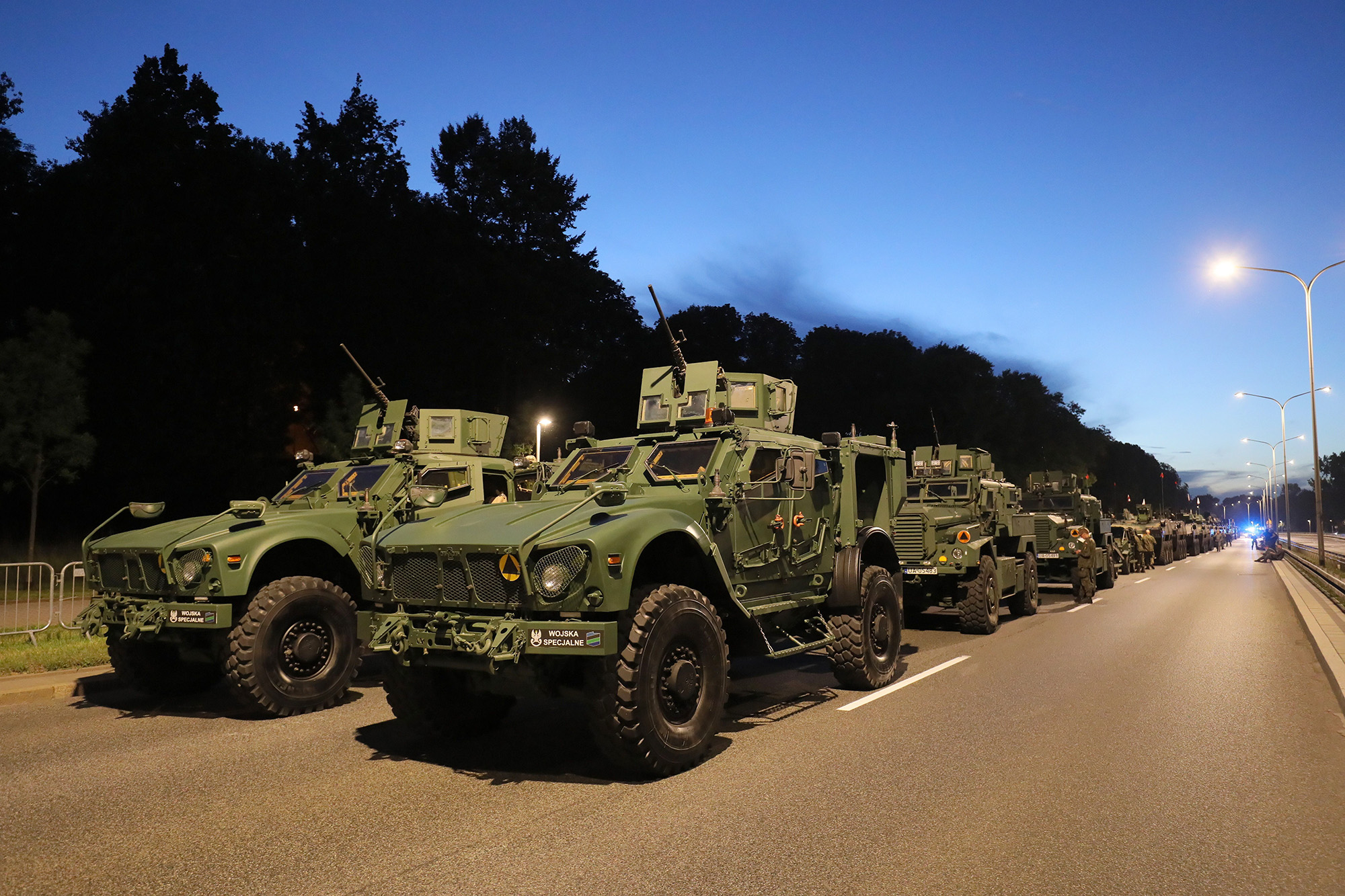 A convoy of Polish military vehicles during the final rehearsal of a parade prior to Polish Armed Forces Day, in Warsaw, Poland, on August 12.