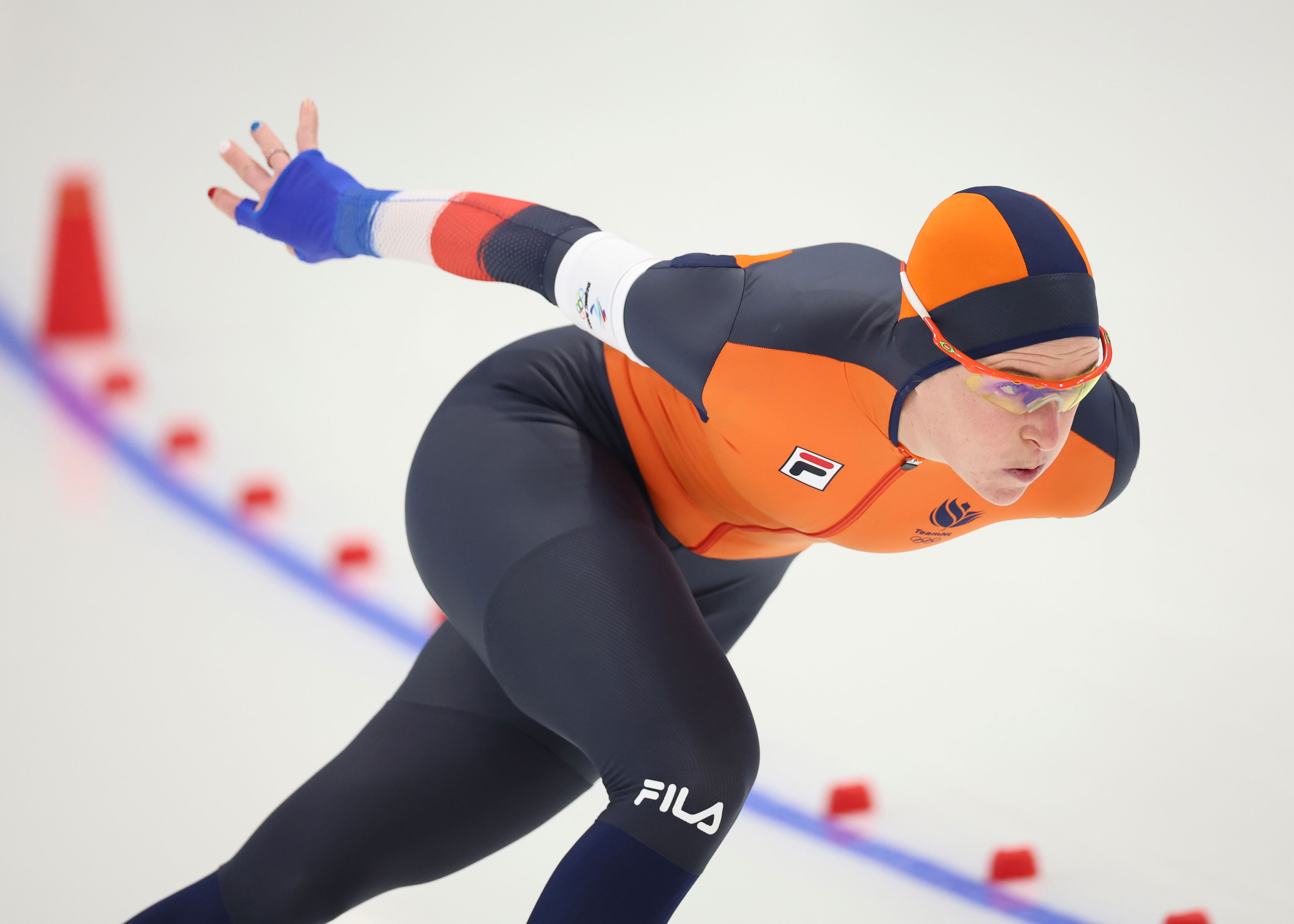 Ireen Wüst competing at the National Speed Skating Oval in Beijing on Feb. 7.