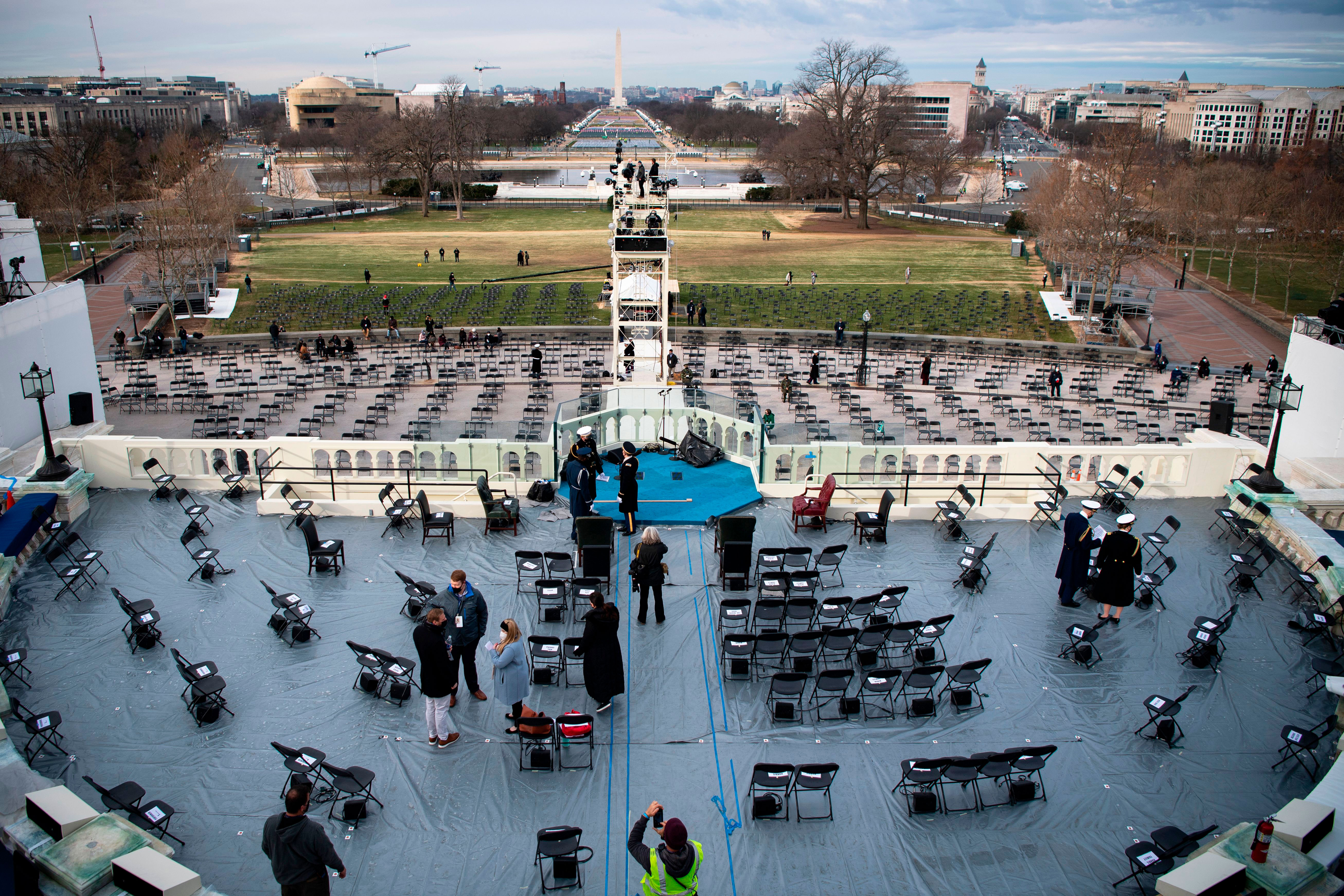Preparations are made at the Capitol during rehearsals on January 18.
