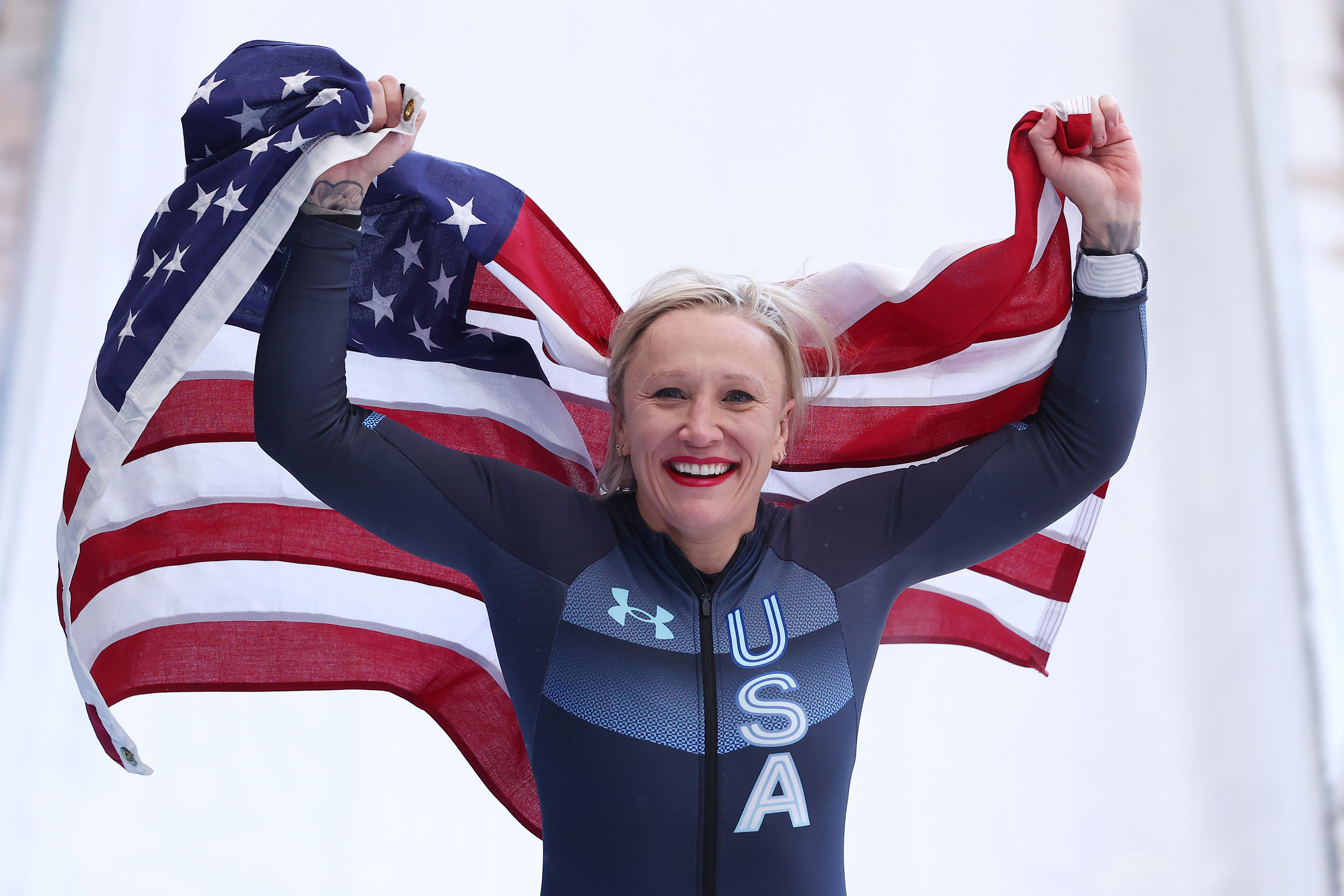 Kaillie Humphries celebrates during the women's monobob bobsleigh event on Monday.
