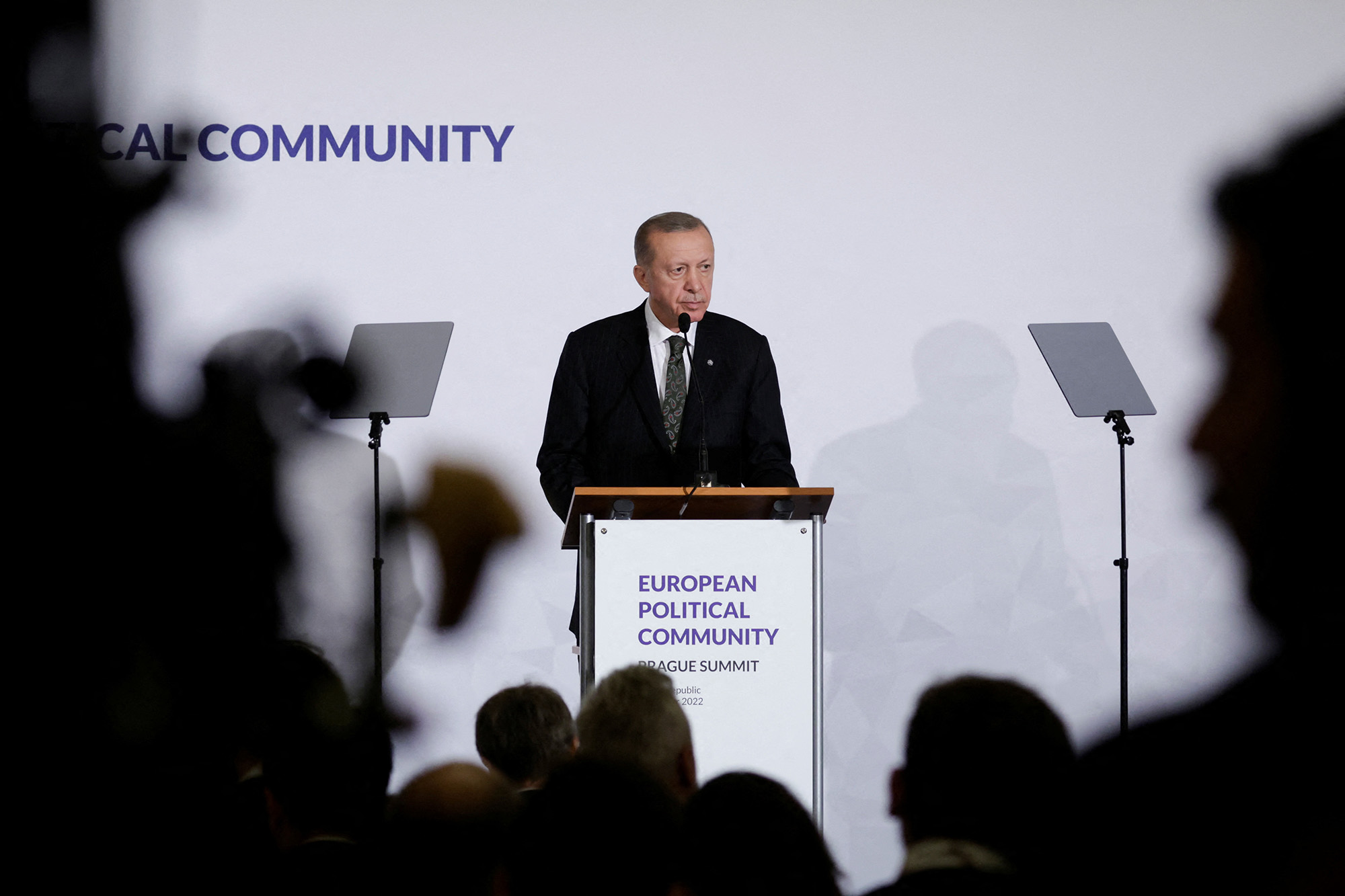 Turkey's President Tayyip Erdogan attends a news conference during the Informal EU 27 Summit and Meeting within the European Political Community at Prague Castle, Czech Republic, on October 6.