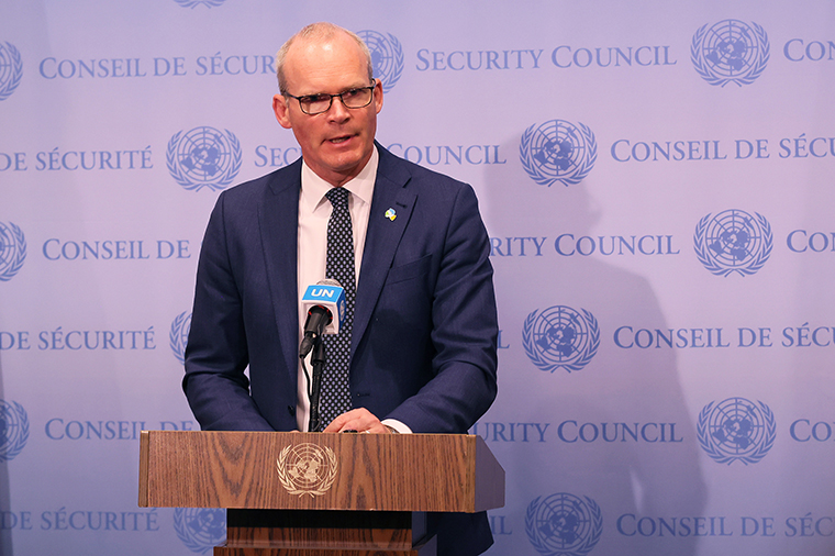 Simon Coveney, Minister for Defense of Ireland, speaks during a press conference ahead of the United Nations Security Council meeting at the United Nations on April 19, in New York City. 