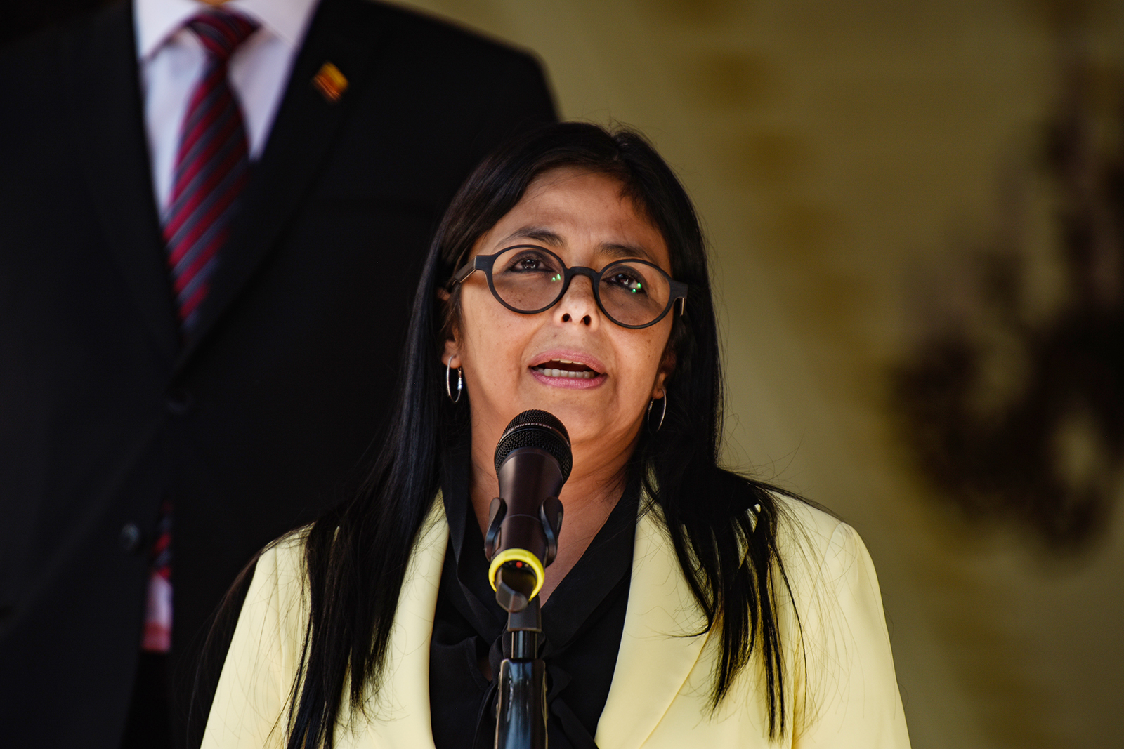 Vice President of Venezuela Delcy Rodriguez gives a speech in Caracas, Venezuela on February 7.