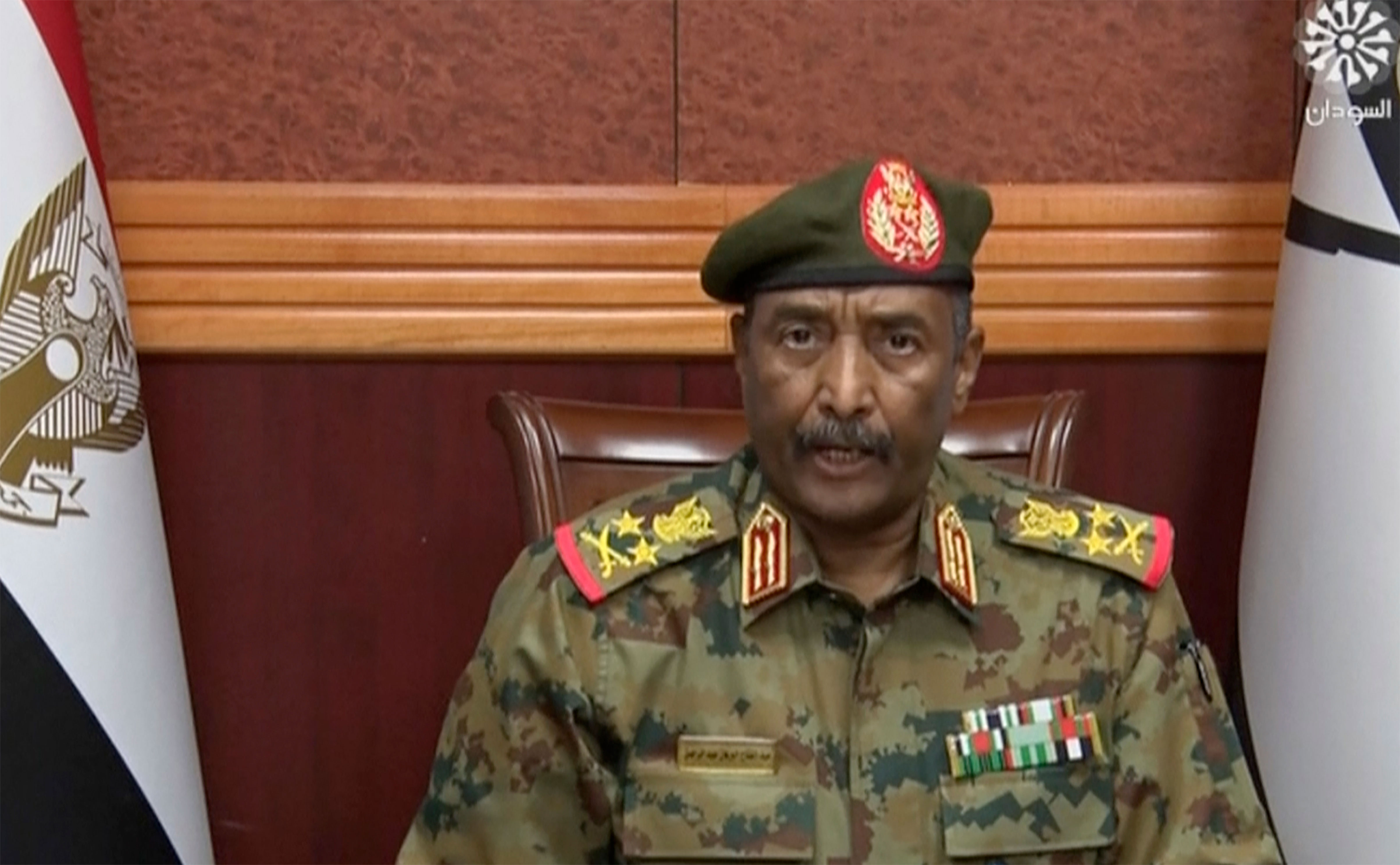 In this frame taken from video, Gen. Abdel Fattah al-Burhan, the head of Sudan's armed forces, speaks during a televised address in Khartoum, Sudan, on October 25.