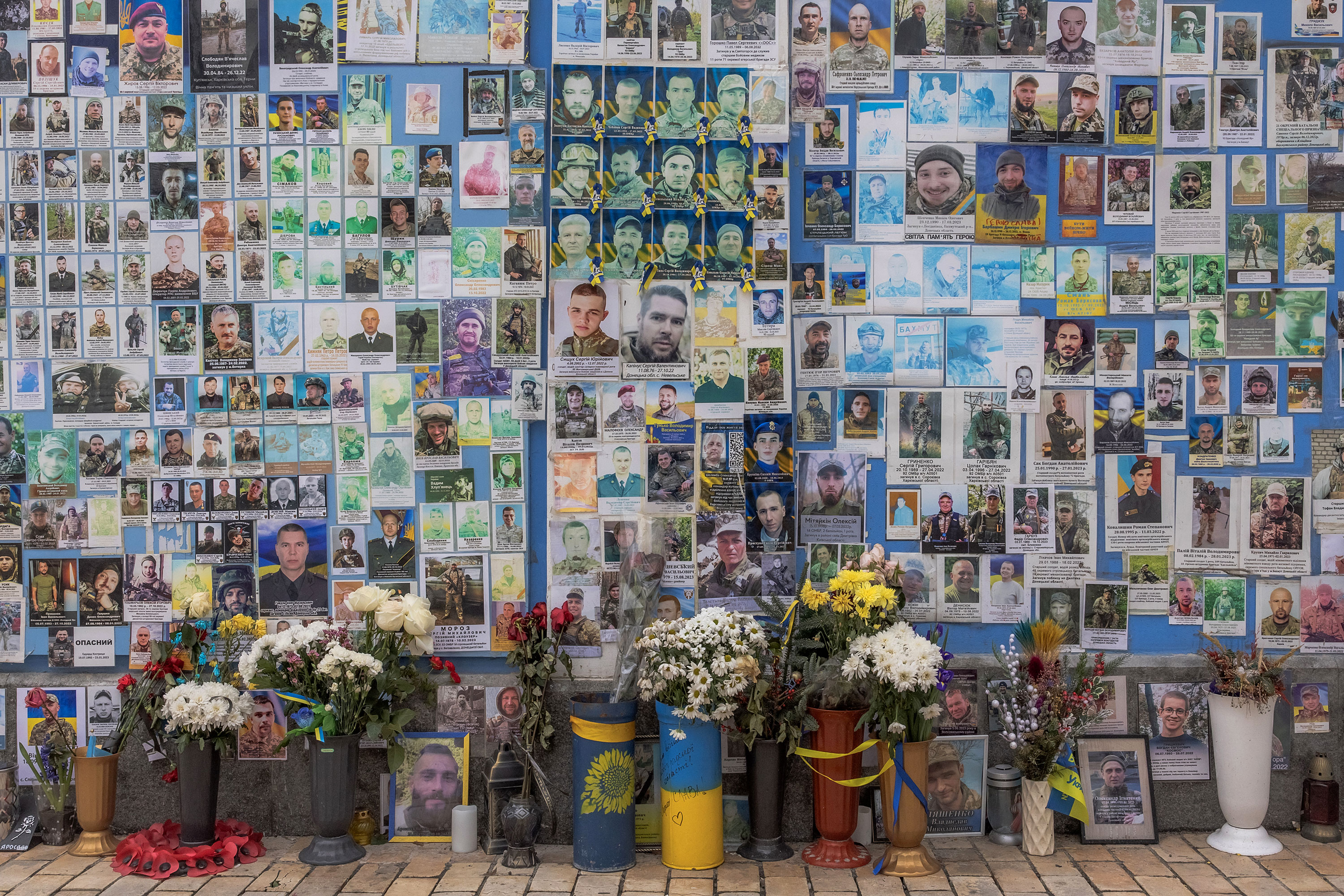 "The Wall of Remembrance of the Fallen for Ukraine", a memorial for Ukrainian soldiers in downtown Kyiv, Ukraine, is pictured on Friday. 