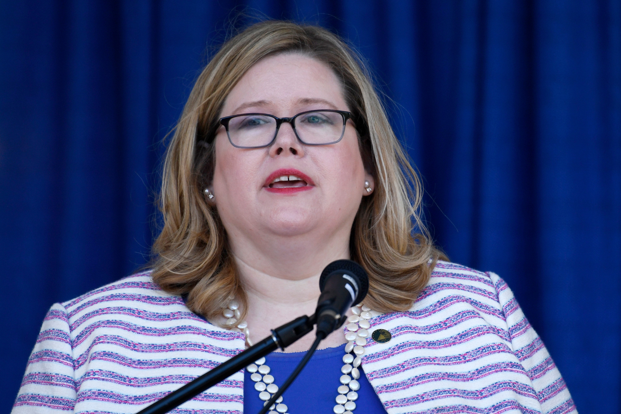 General Services Administration Administrator Emily Murphy speaks at the Department of Homeland Security's St. Elizabeths Campus Center Building in Washington, DC on June 21, 2019. 