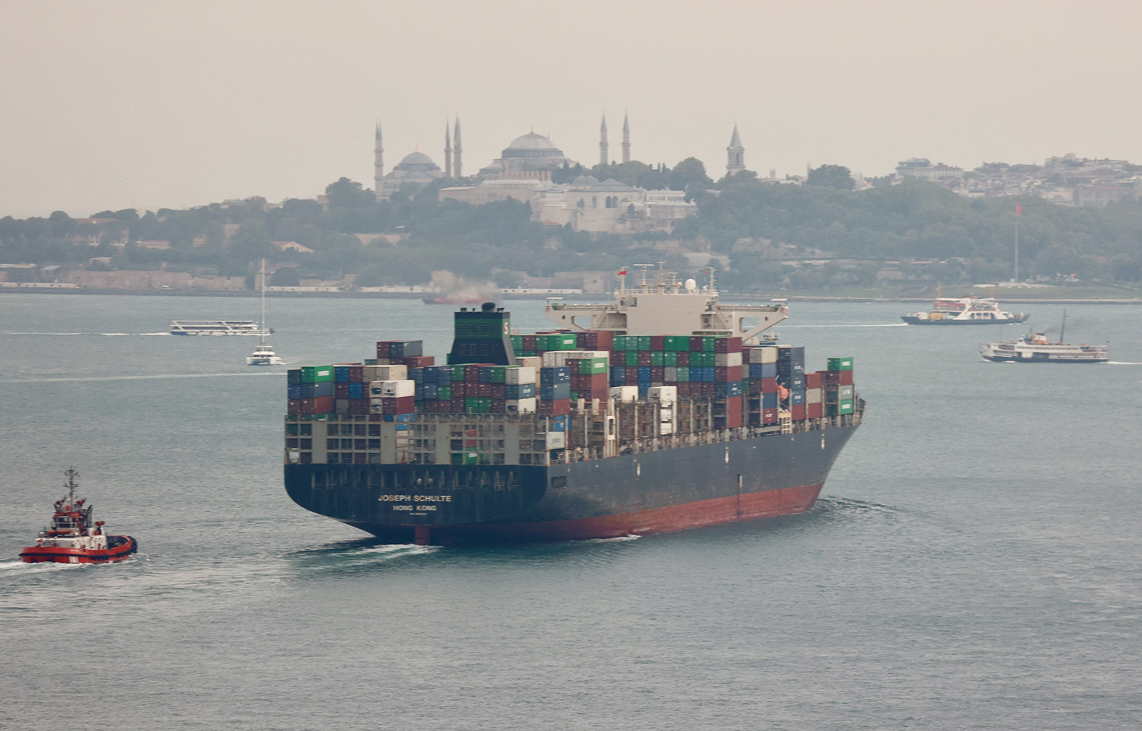 Hong-Kong-flagged container ship Joseph Schulte transits the Bosporus in Istanbul, Turkey on August 18.