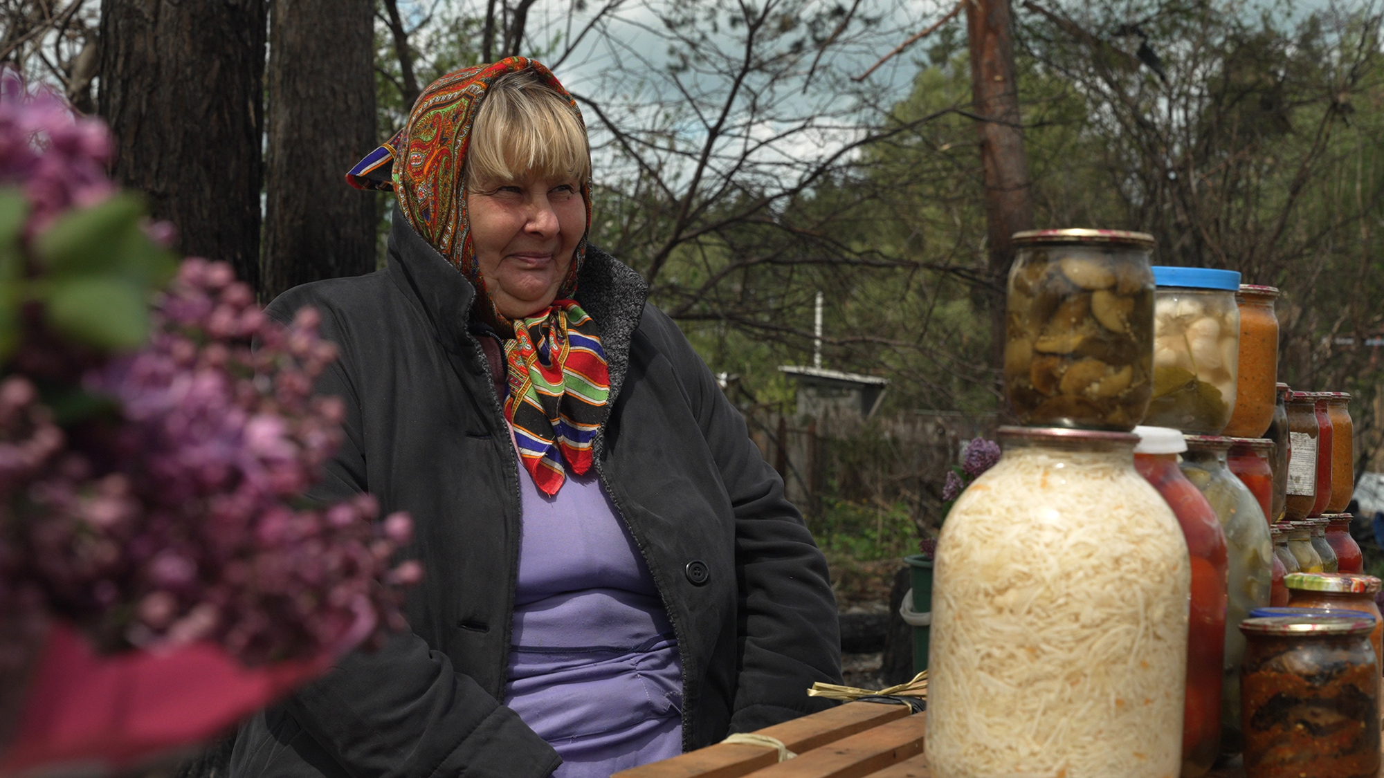 Tamara Aheieva sells home-made food, vegetables and flowers. 