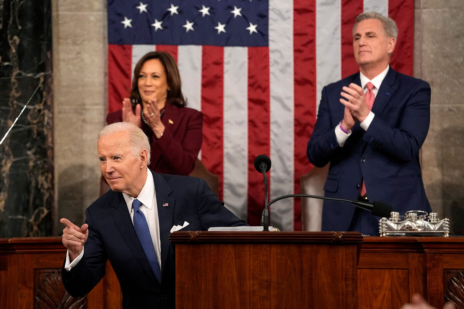 President Biden points as he delivers his State of the Union address.