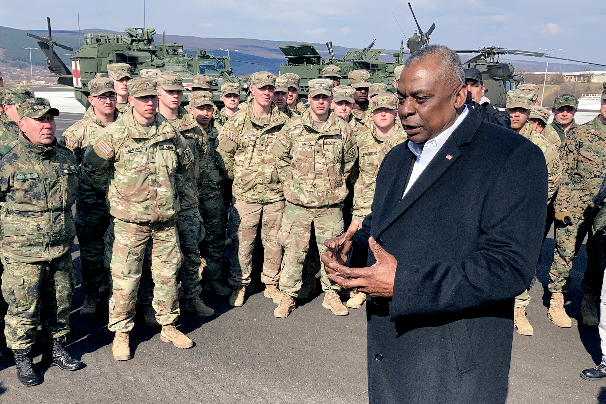 US Defense Secretary Lloyd Austin speaks with US troops in Bulgaria on March 18. 