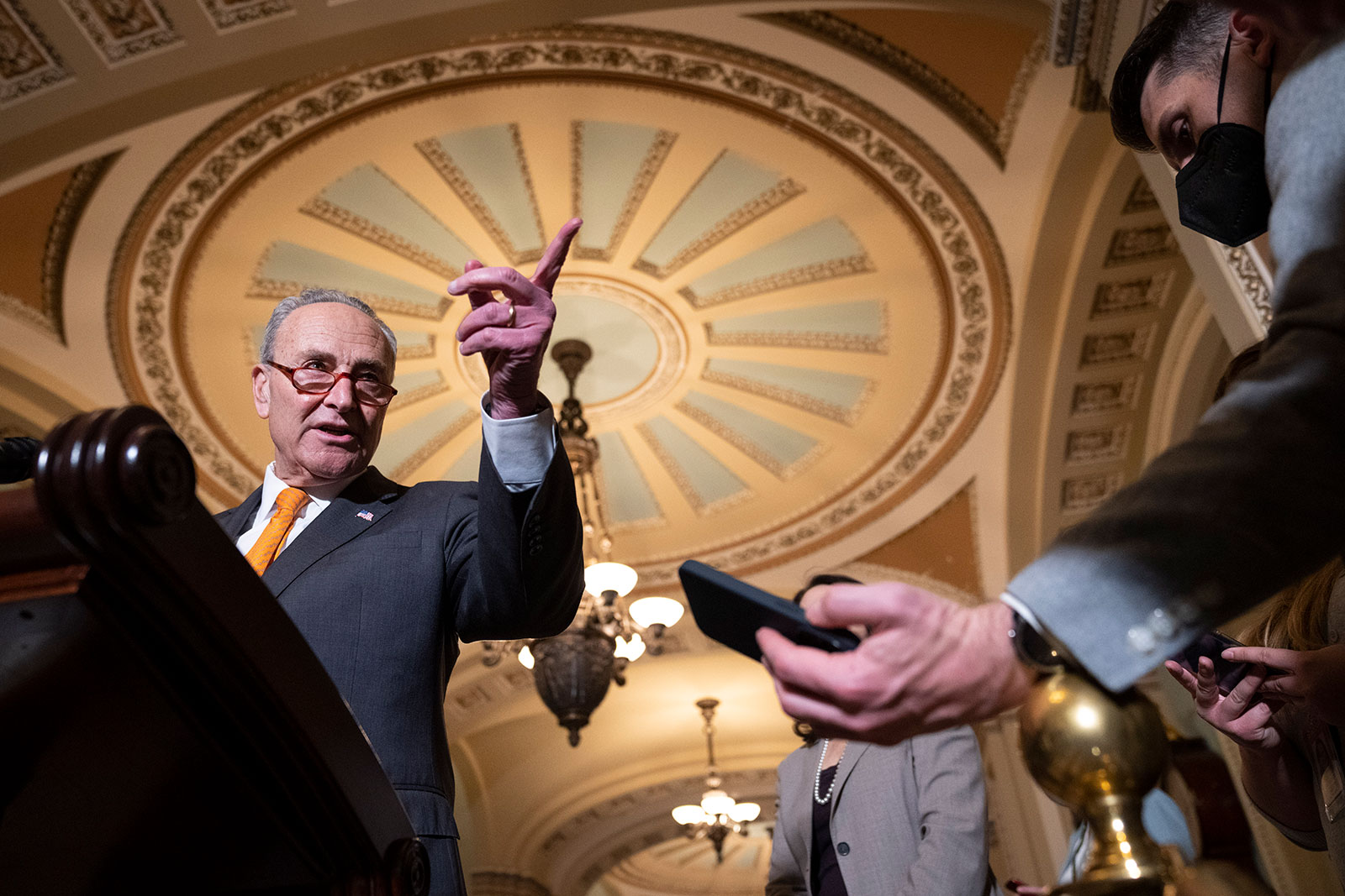 Senate Majority Leader Chuck Schumer speaks to reporters following a lunch meeting with Senate Democrats at the US Capitol on March 22. 
