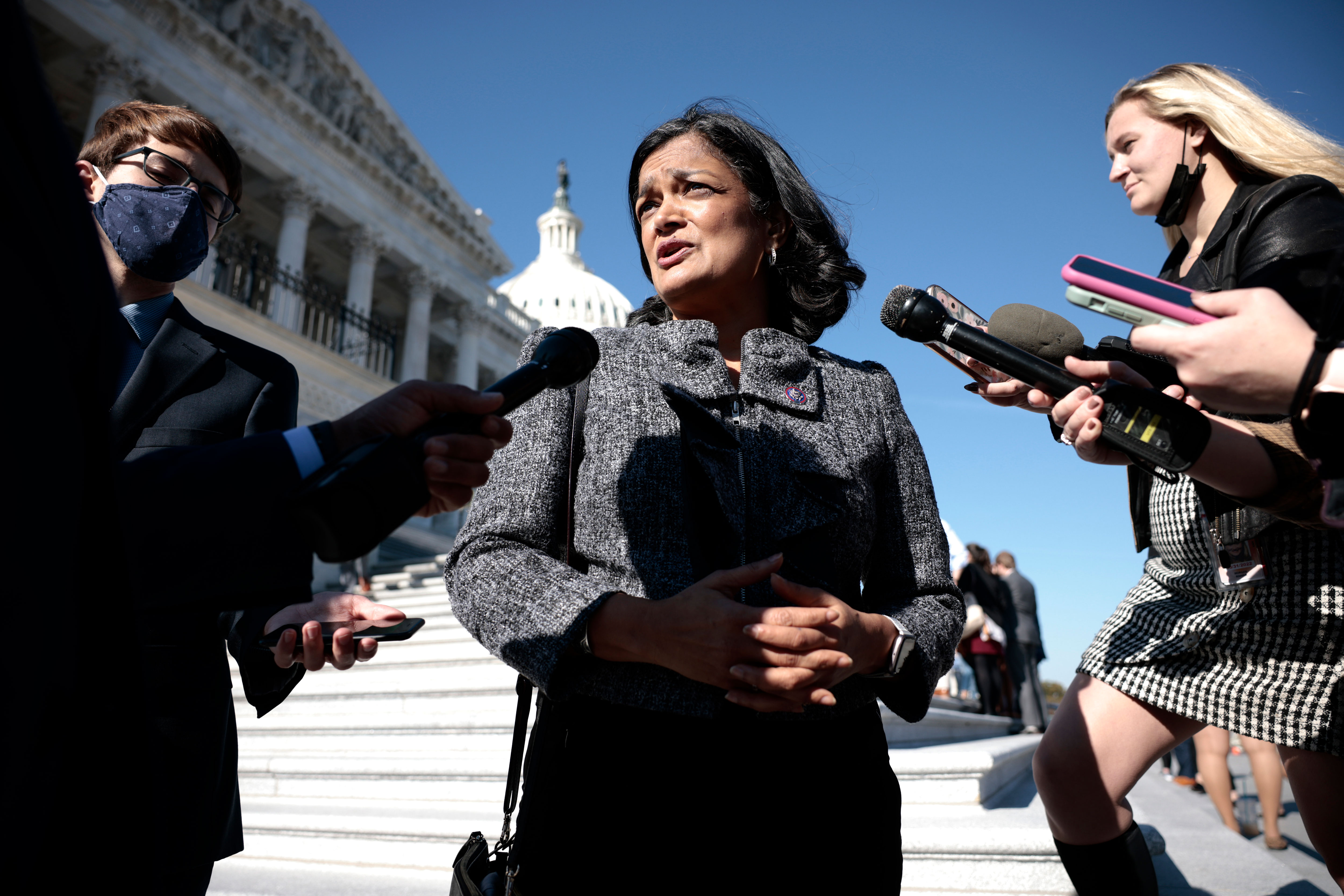 Congressional Progressive Caucus Chair Rep. Pramila Jayapal speaks with reporters outside the Capitol in Washington, DC, on November 18.