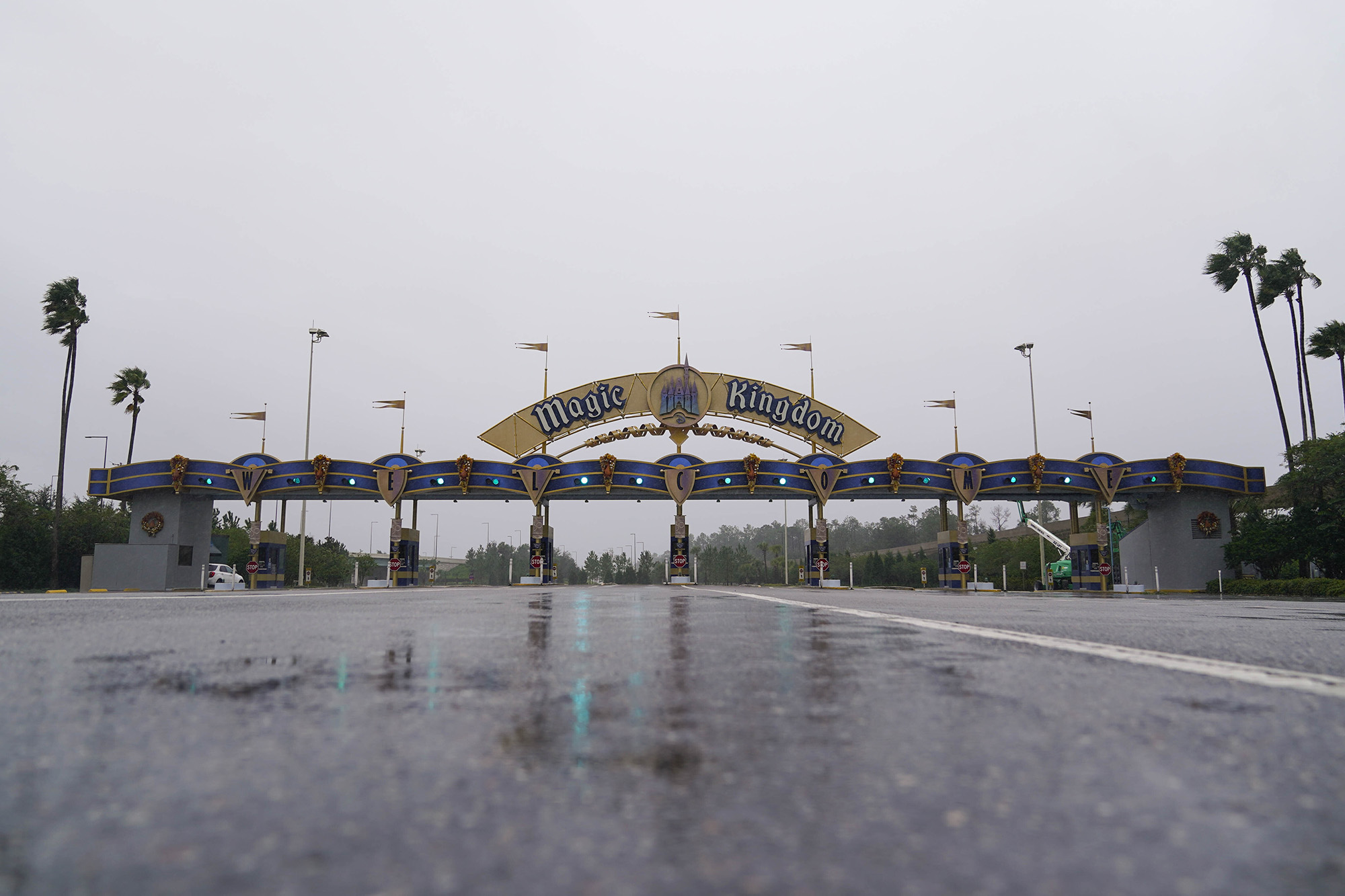 The entrance to the Walt Disney theme park is seen closed  in Lake Buena Vista, Florida as Hurricane Ian approached on Wednesday, Sept. 28.