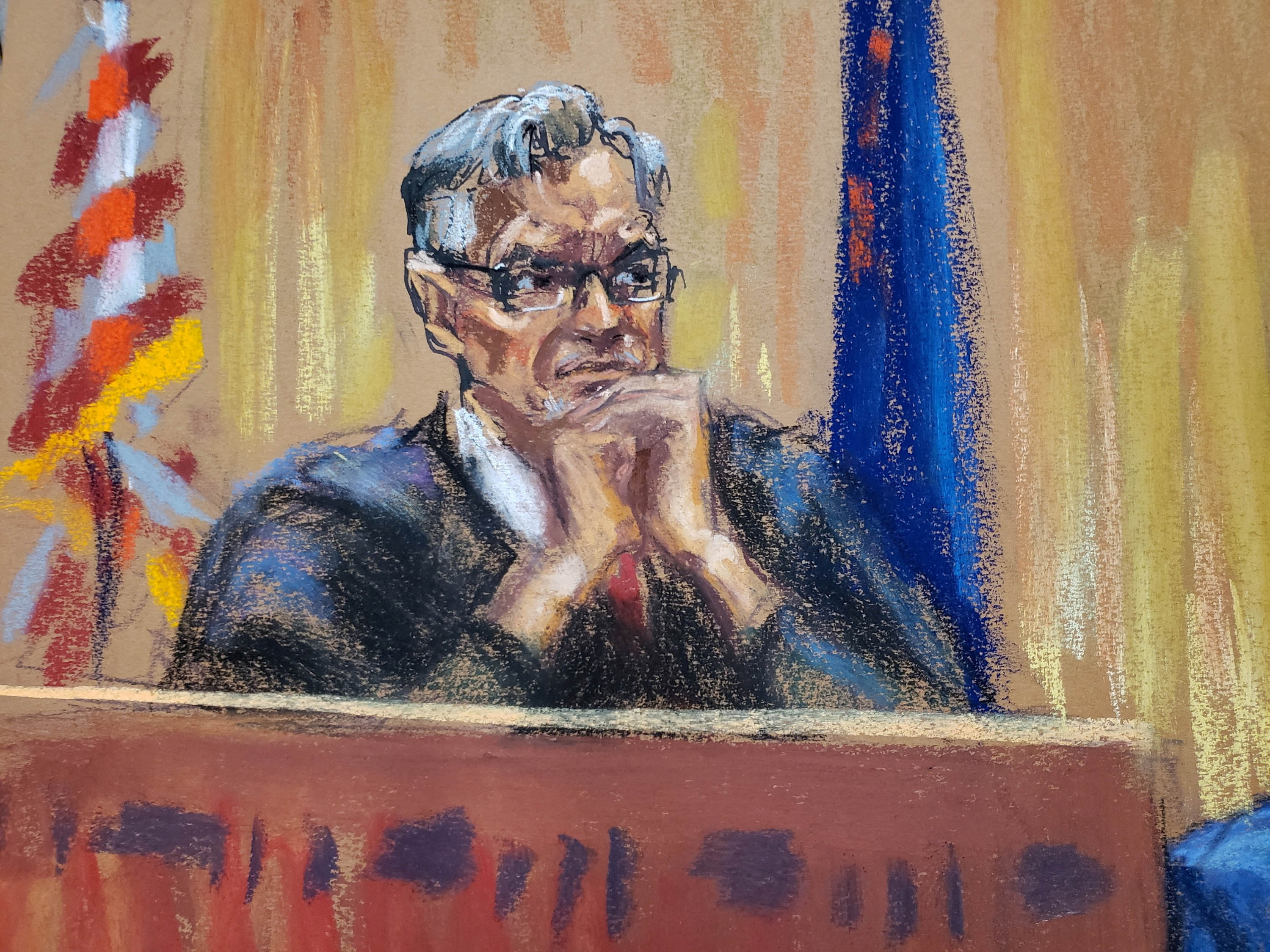 En este boceto de la sala del tribunal, el juez Juan Merchan preside el juicio fiscal penal de la Organización Trump en el Tribunal Penal de Manhattan, el 15 de noviembre de 2022. 