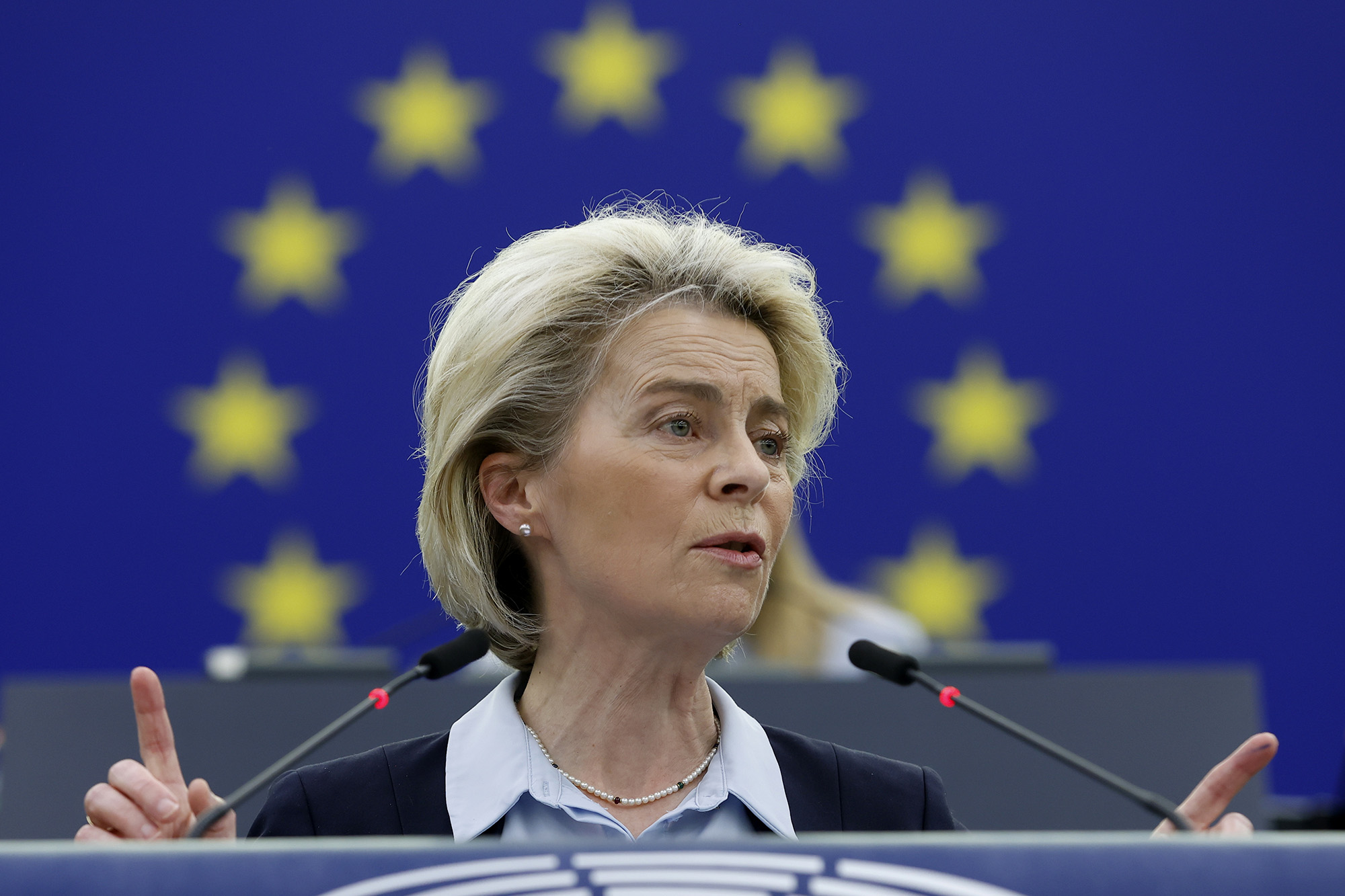 European Commission President Ursula von der Leyen delivers a speech including the latest developments of the war against Ukraine and the EU sanctions against Russia, on April 6, in Strasbourg, France.
