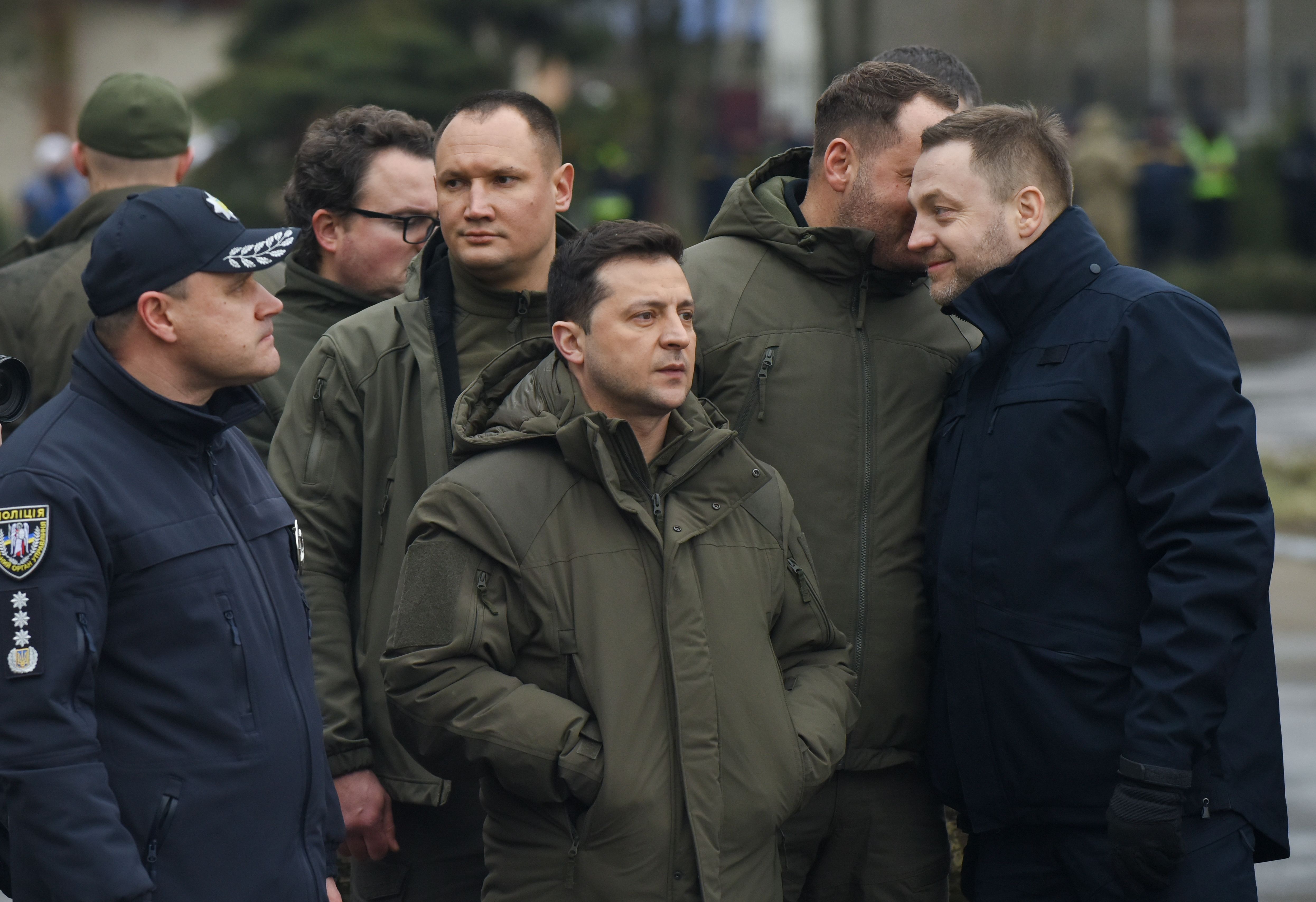 Ukrainian President Volodymyr Zelensky, center, observes military exercises in the Kherson area in the south of Ukraine, on February 12.