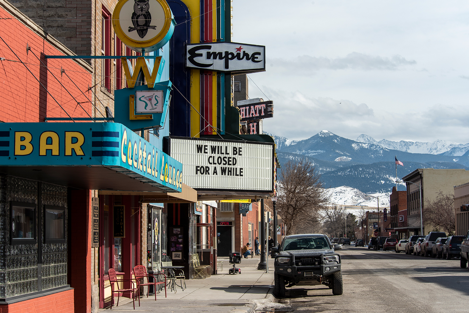 The Empire Twin Theatre displays a message in Livingston, Montana after Governor Steve Bullock order the closing of restaurants, bars, and theaters on March 20.