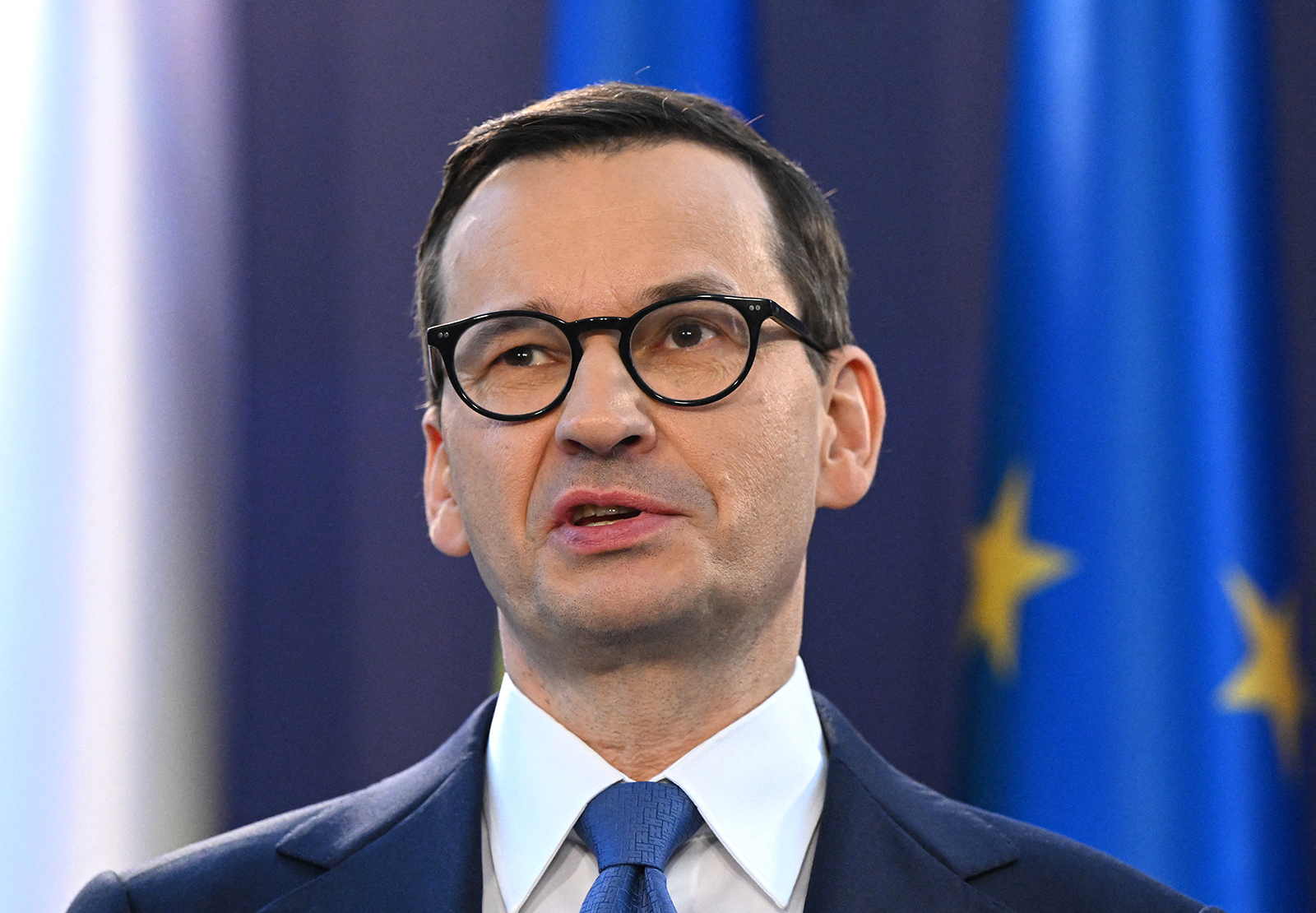Polish Prime Minister Mateusz Morawiecki speaks at a press conference in Bucharest, Romania, on March 28. 