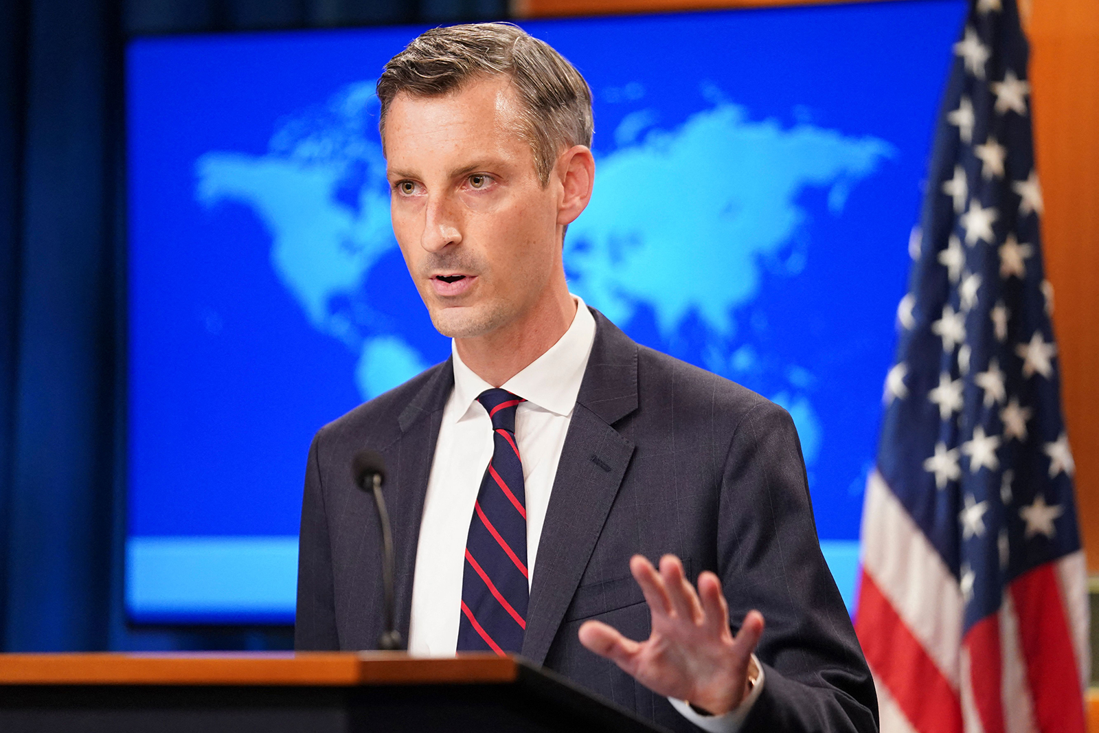 US State Department spokesman Ned Price holds a press briefing in Washington in August.