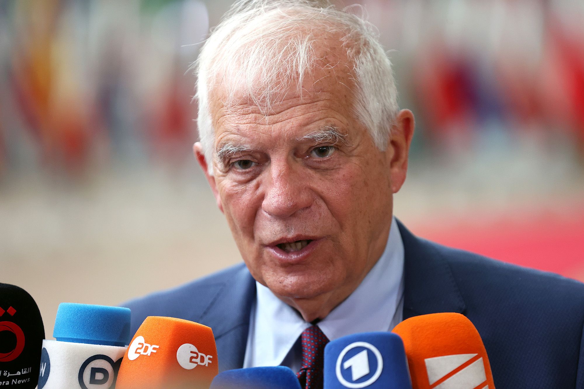 EU High Representative for Foreign Affairs and Security Policy Josep Borrell makes a press statement ahead of the EU Defense Ministers' meeting in Brussels, Belgium, on May 23.