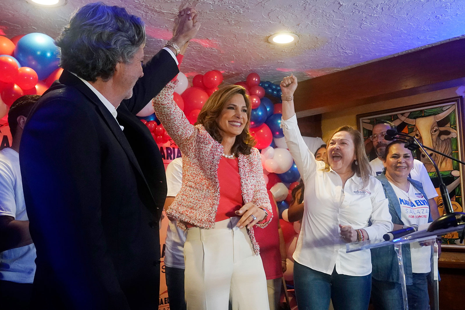 Maria Elvira Salazar is cheered by supporters after winning reelection on Tuesday in Miami. 