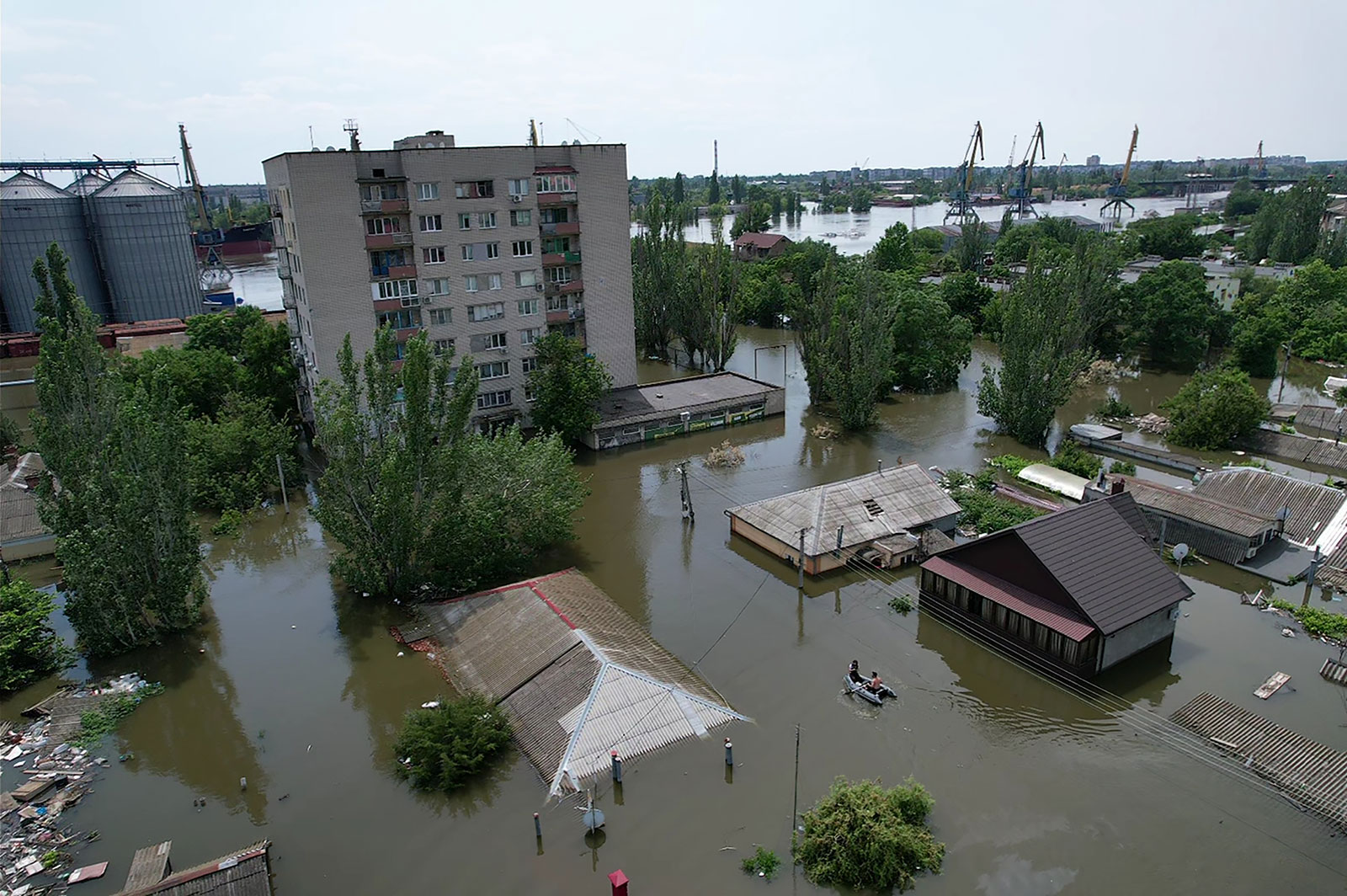 Flooded residential buildings are seen on Thursday, June 8, in Kherson, Ukraine. 