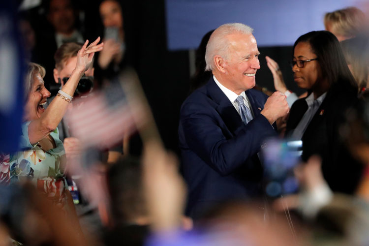 Democratic presidential candidate former Vice President Joe Biden, accompanied by his wife Jill Biden, speaks at a primary night election rally in Columbia, S.C., Saturday, Feb. 29.