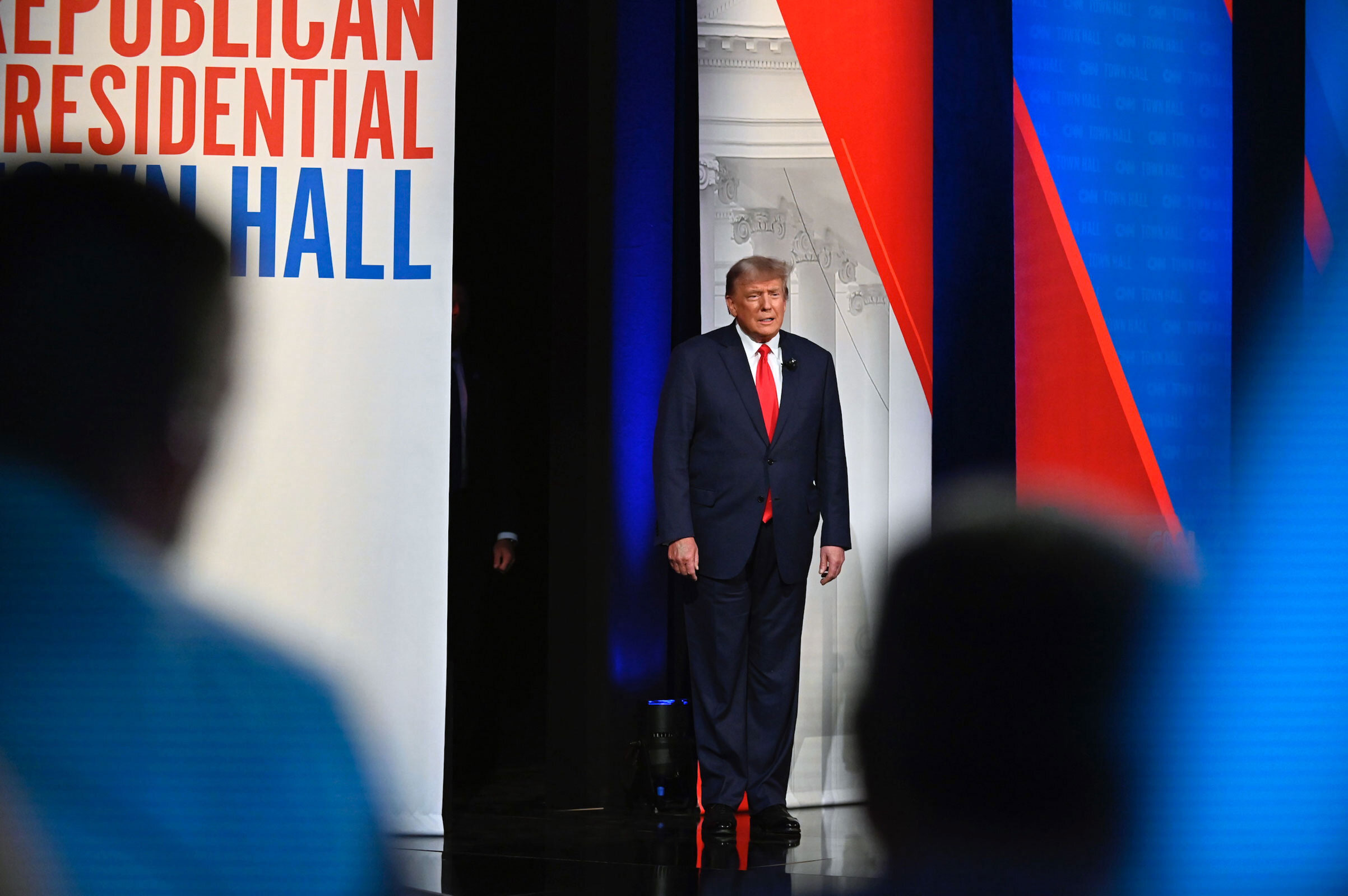 Trump walks on stage at the start of the town hall.