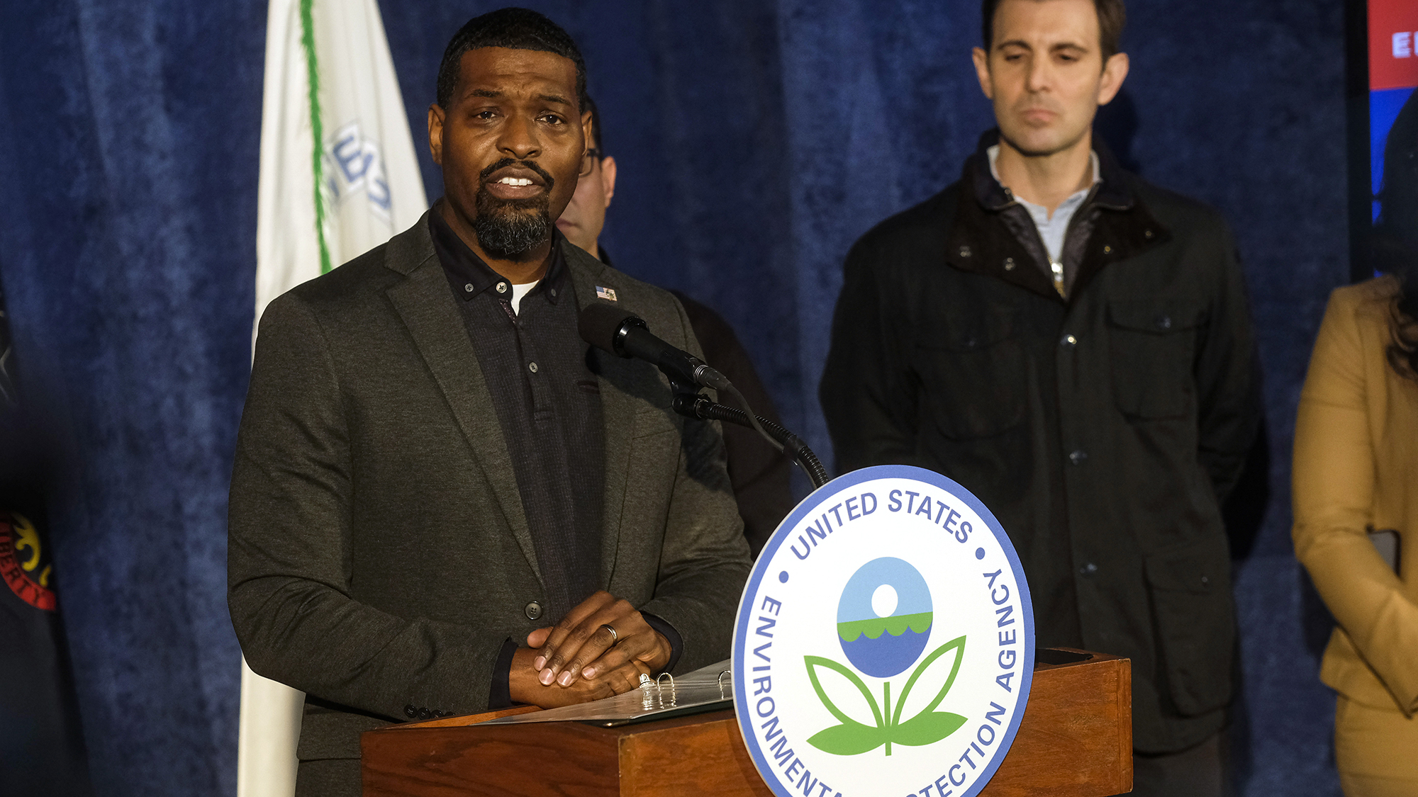 Michael Regan, administrator of the US Environmental Protection Agency, speaks during a news conference in East Palestine, Ohio, on Tuesday.