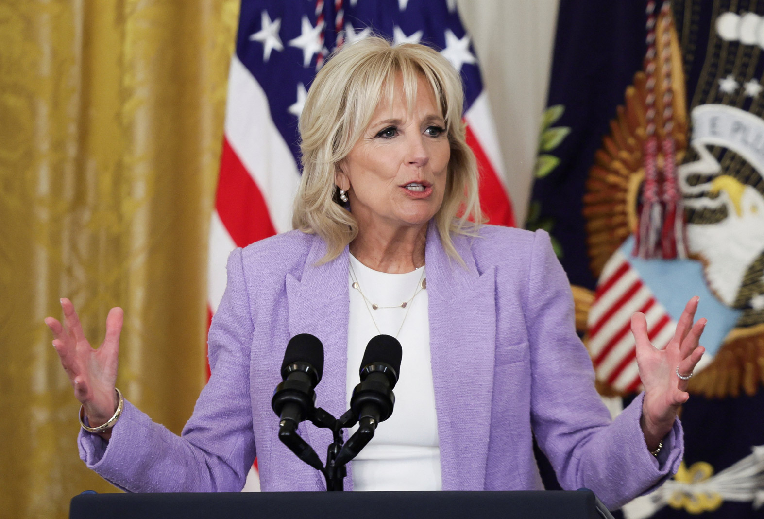 First Lady Jill Biden delivers remarks during the Council of Chief State School Officers' 2022 National and State Teachers of the Year event, in the White House, on Apr. 27