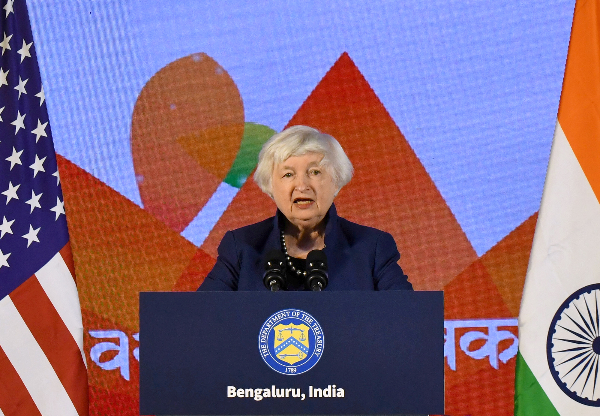 U.S. Treasury Secretary Janet Yellen speaks during a news conference as G20 finance leaders gather on the outskirts of Bengaluru, India, on February 23.