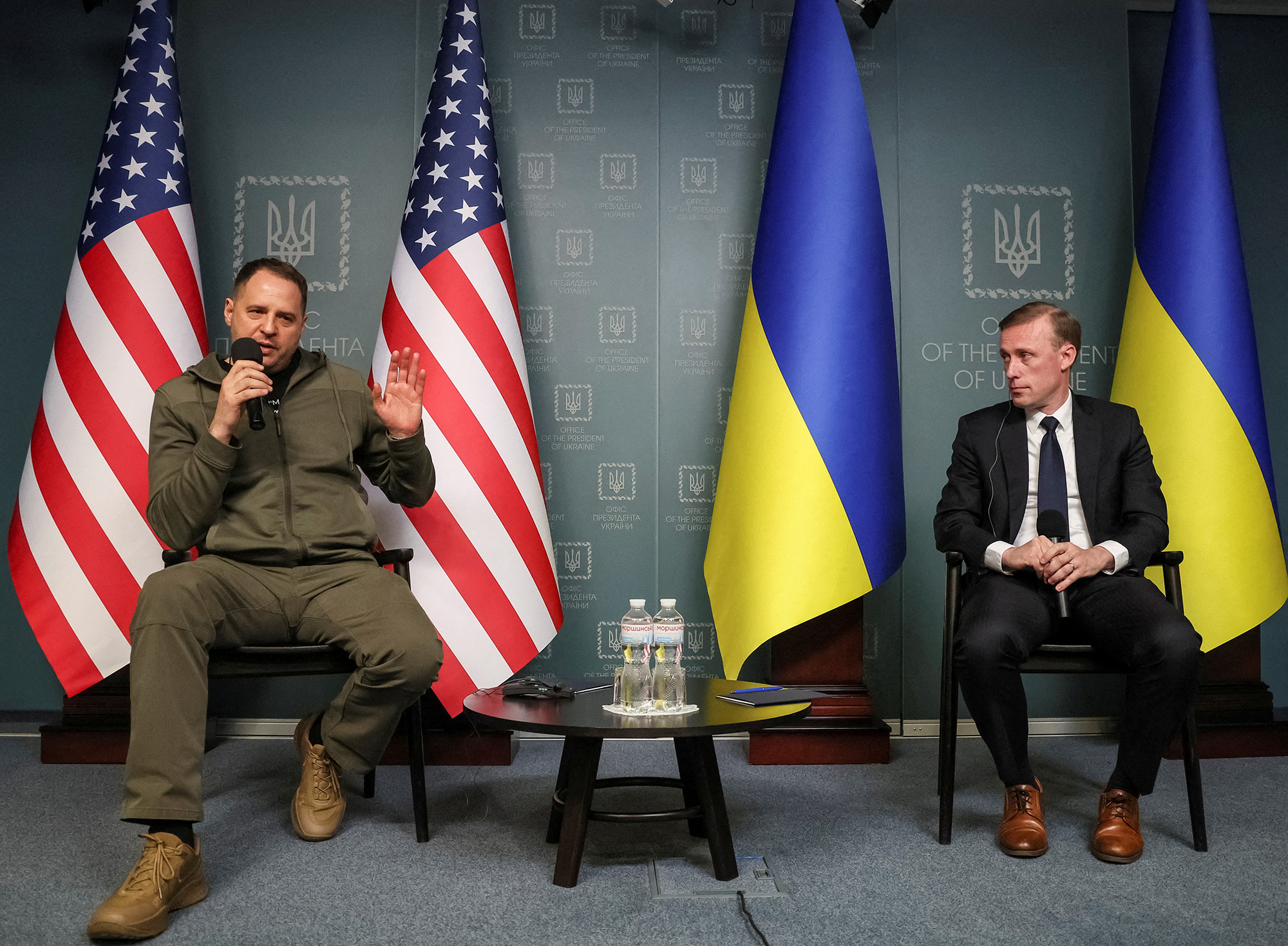 U.S White House National Security Advisor Jake Sullivan, right, and Head of Ukraine's Presidential Office Andriy Yermak attend a news briefing, amid Russia's attack on Ukraine, in Kyiv, Ukraine, on November 4.