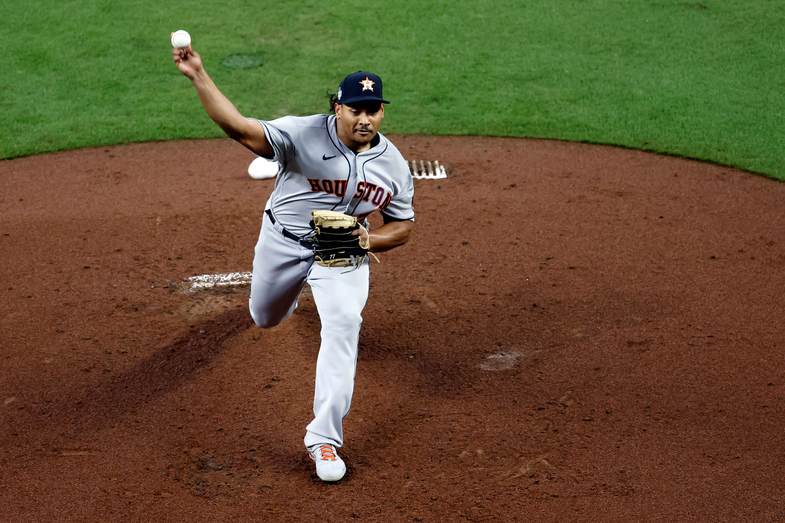 Astros pitcher Luis Garcia delivers a pitch against the Atlanta Braves during the first inning in Game 3 of the World Series at Truist Park on October 29 in Atlanta.