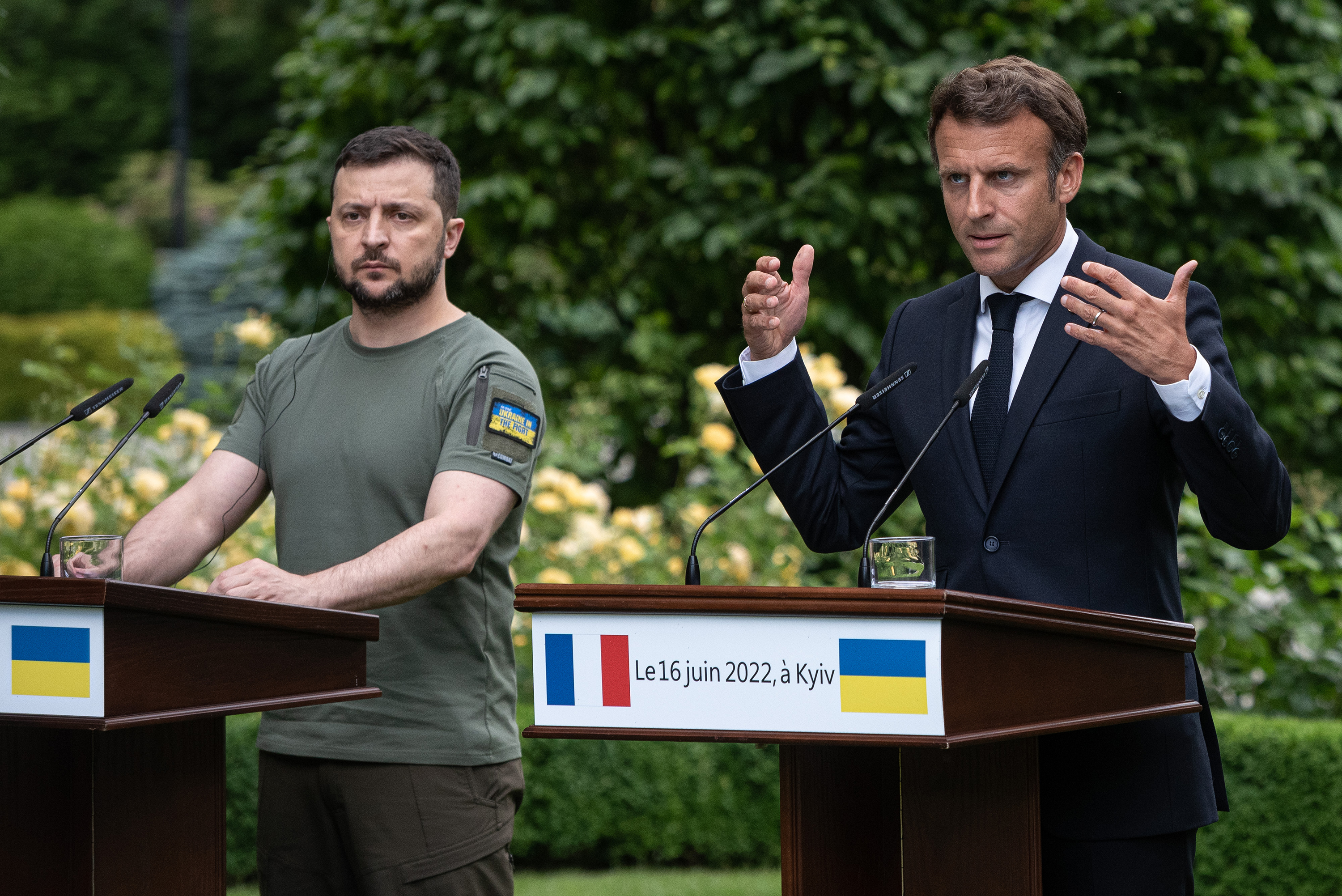 Ukrainian President Volodymyr Zelensky and French President Emmanuel Macron speak during a press conference on June 16 in Kyiv, Ukraine.
