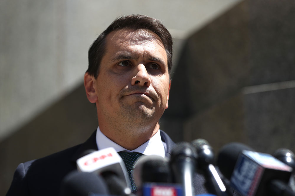 Todd Blanche delivers a speech to the press at New York State Supreme Court in Manhattan in New York, on June 27, 2019. 