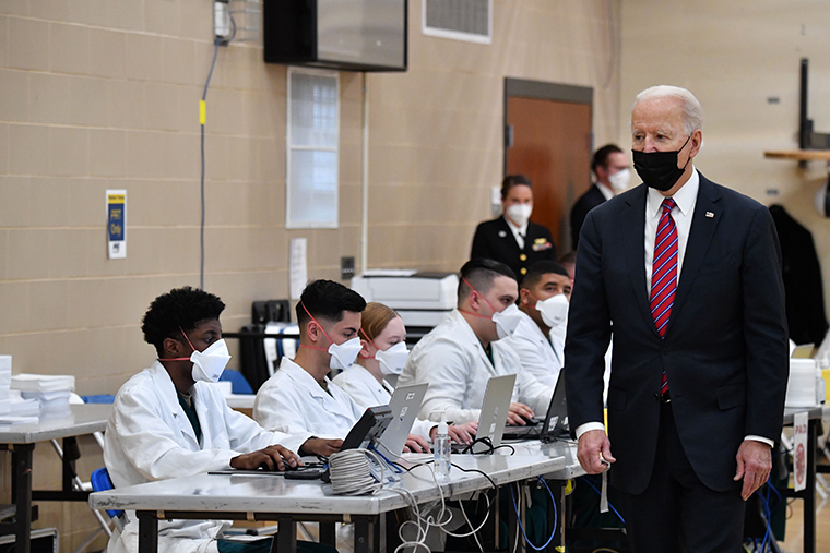 US President Joe Biden visits a coronavirus vaccination site at Walter Reed National Military Medical Center in Bethesda, Maryland, on January 29, 2021. 