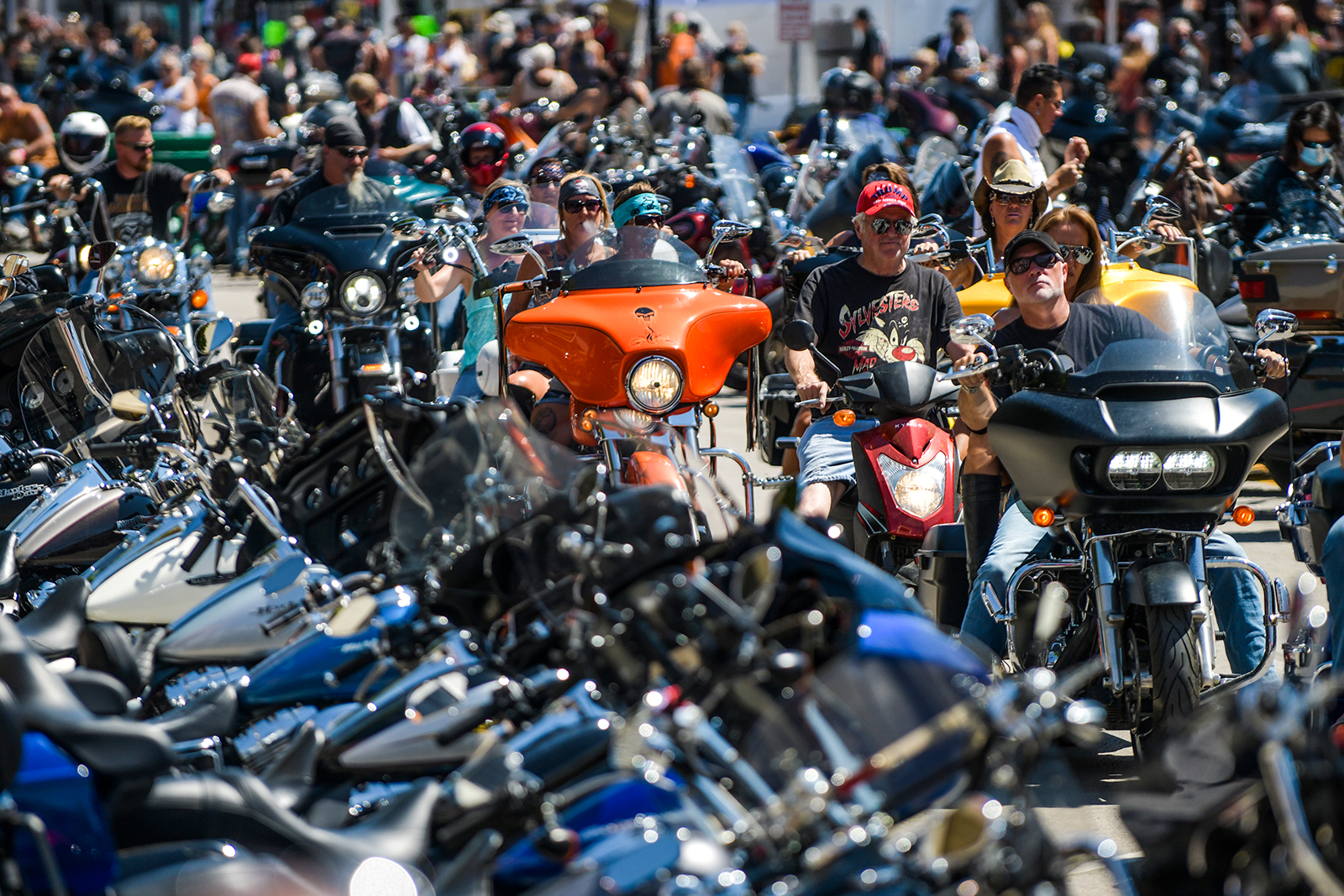 Motorcyclists ride down Main Street during the 80th Annual Sturgis Motorcycle Rally in Sturgis, South Dakota on August 7.