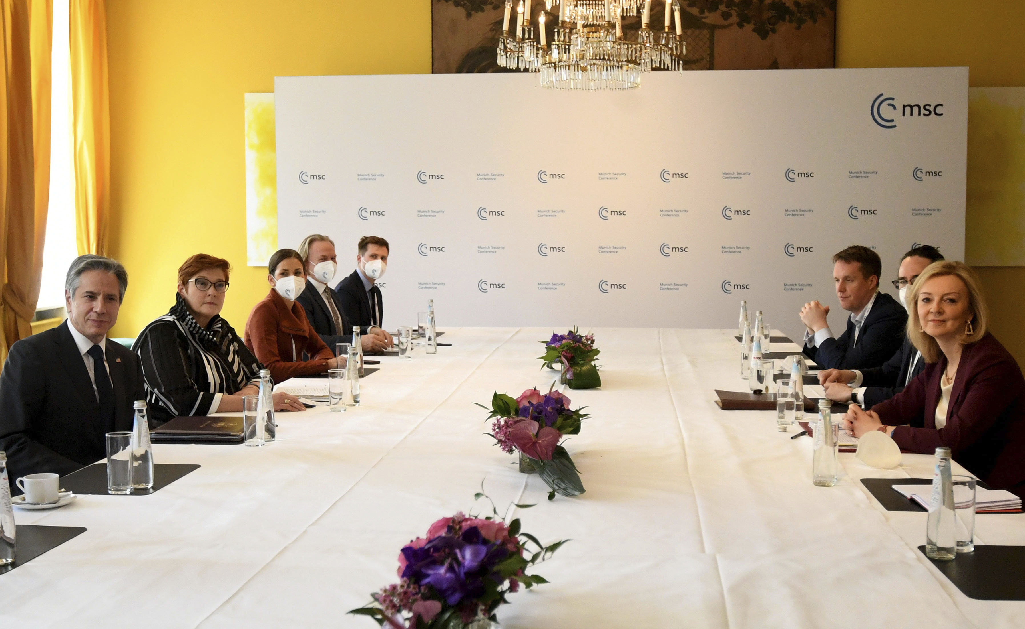 British Foreign Secretary Liz Truss, right, US Secretary of State Antony Blinken, left, and Australian Foreign Minister Marise Payne, second left, during a meeting at the Munich Security Conference in Germany, on February 19. 