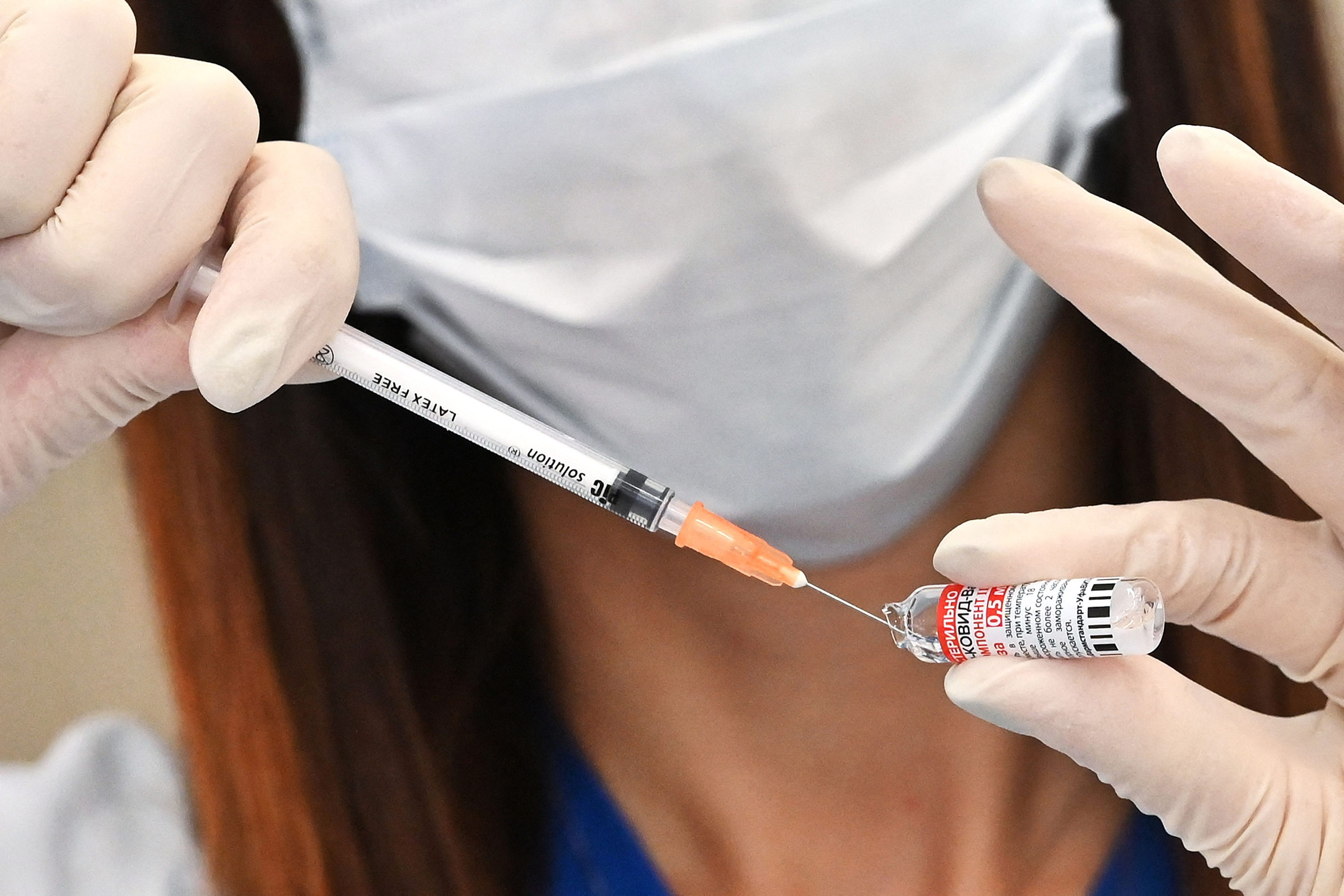 A medical worker fills a syringe with the Sputnik V Covid-19 vaccine in Cailungo, San Marino, on March 29. 