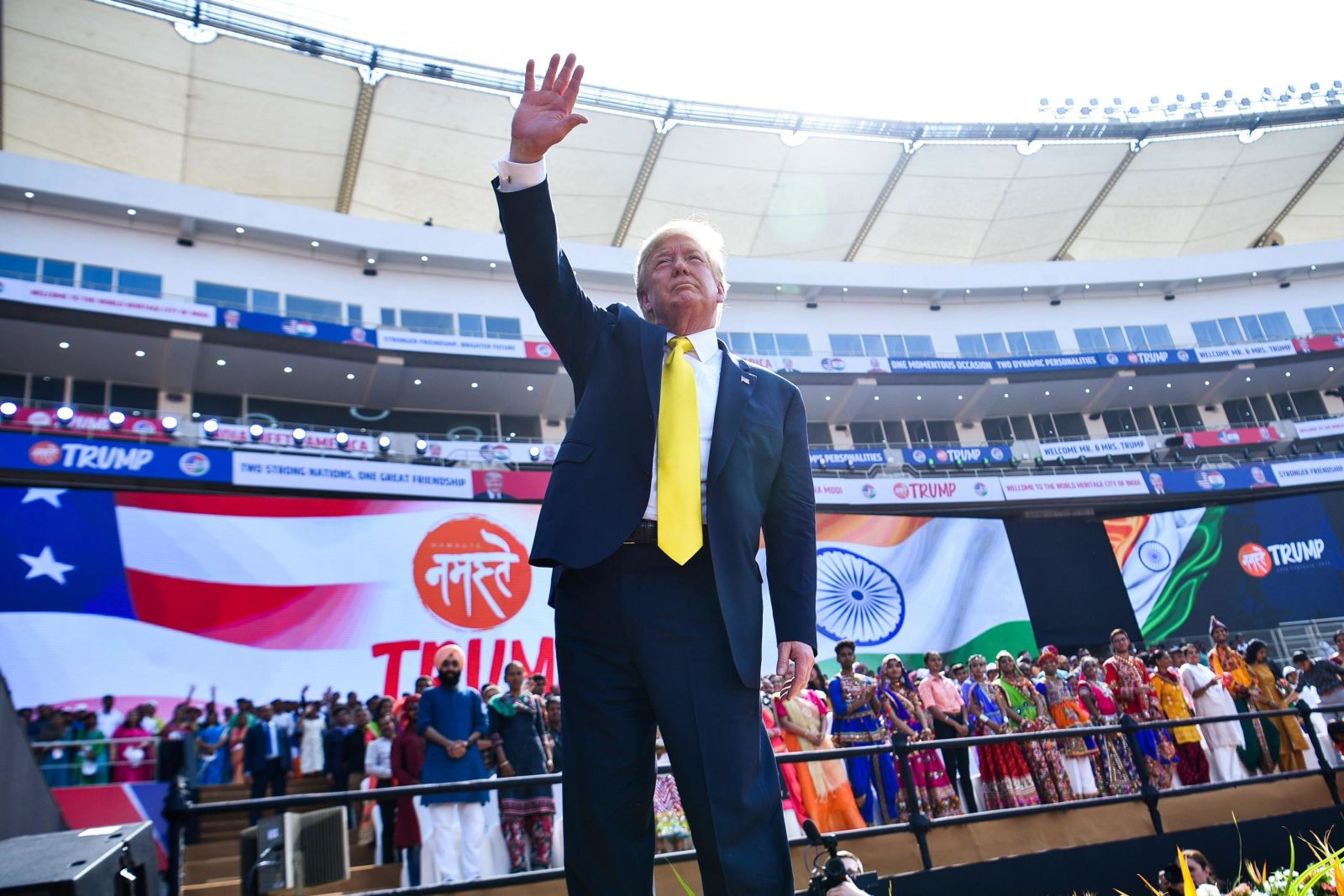 Trump waves after attending the Namaste Trump rally at Sardar Patel Stadium in Motera, near Ahmedabad, India.