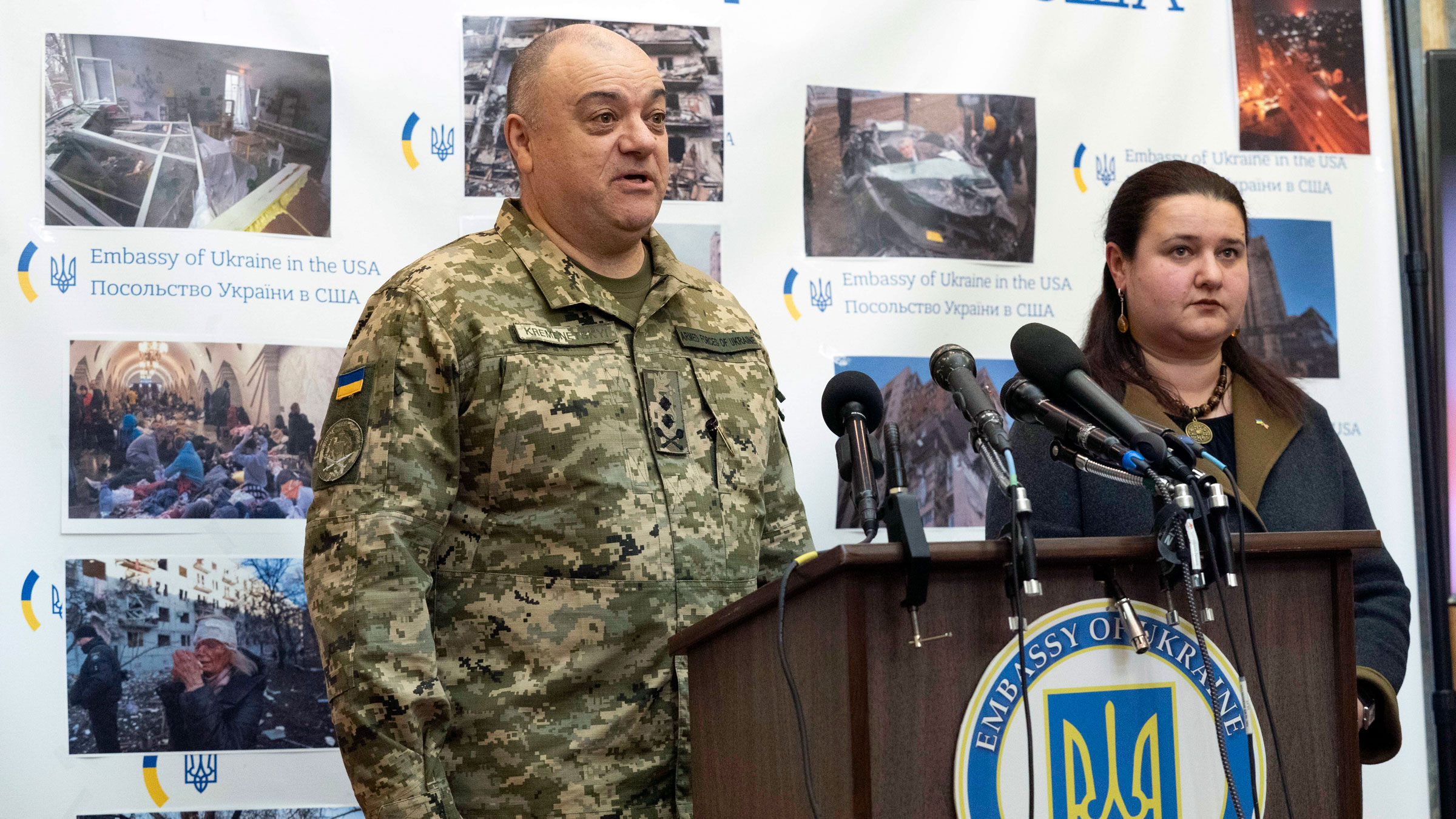 Ukrainian Maj. Gen. Borys Kremenetsky speaks during a news conference at the Embassy of Ukraine in Washington on Saturday. With him is Oksana Markarova, Ukraine's ambassador to the United States.