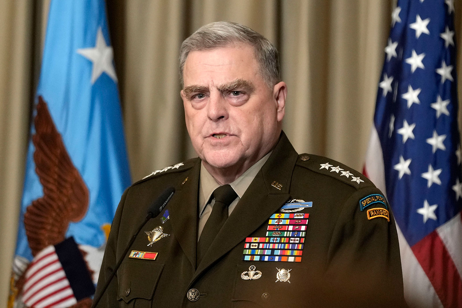 Chairman of the Joint Chiefs of Staff Gen. Mark Milley talks to the media after the meeting of the 'Ukraine Defense Contact Group' at Ramstein Air Base in Germany on Friday. 