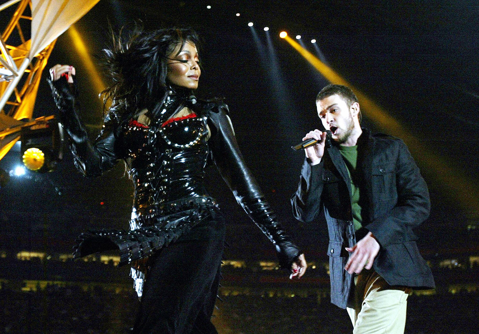 Janet Jackson and Justin Timberlake perform at halftime at the Super Bowl in 2004.